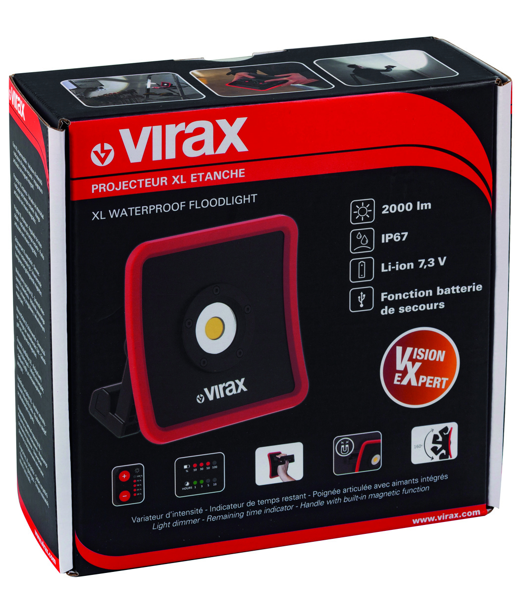 Virax XL wasserdichter Flutlicht-Verpackungskarton mit Produktabbildung.