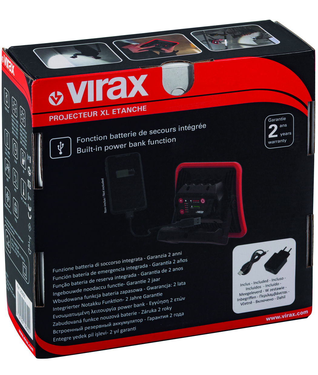 Verpackung für einen Virax Projektor mit integrierter Powerbank und 2 Jahren Garantie.