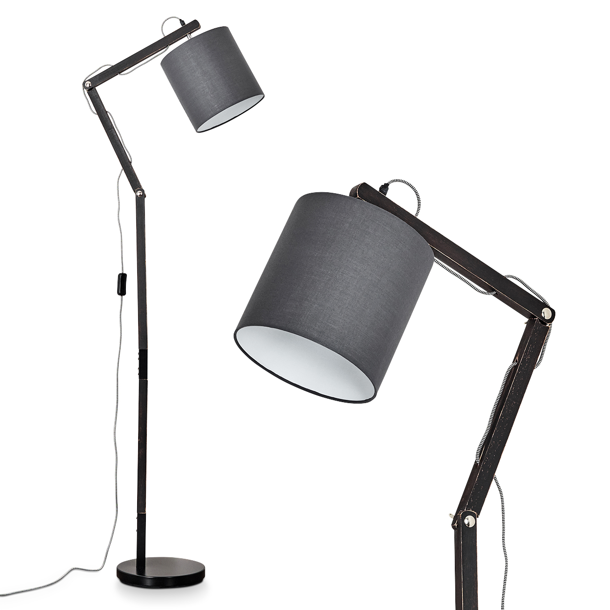 Ein dunkler Stehlampe mit Stoffschirm auf weißem Hintergrund.