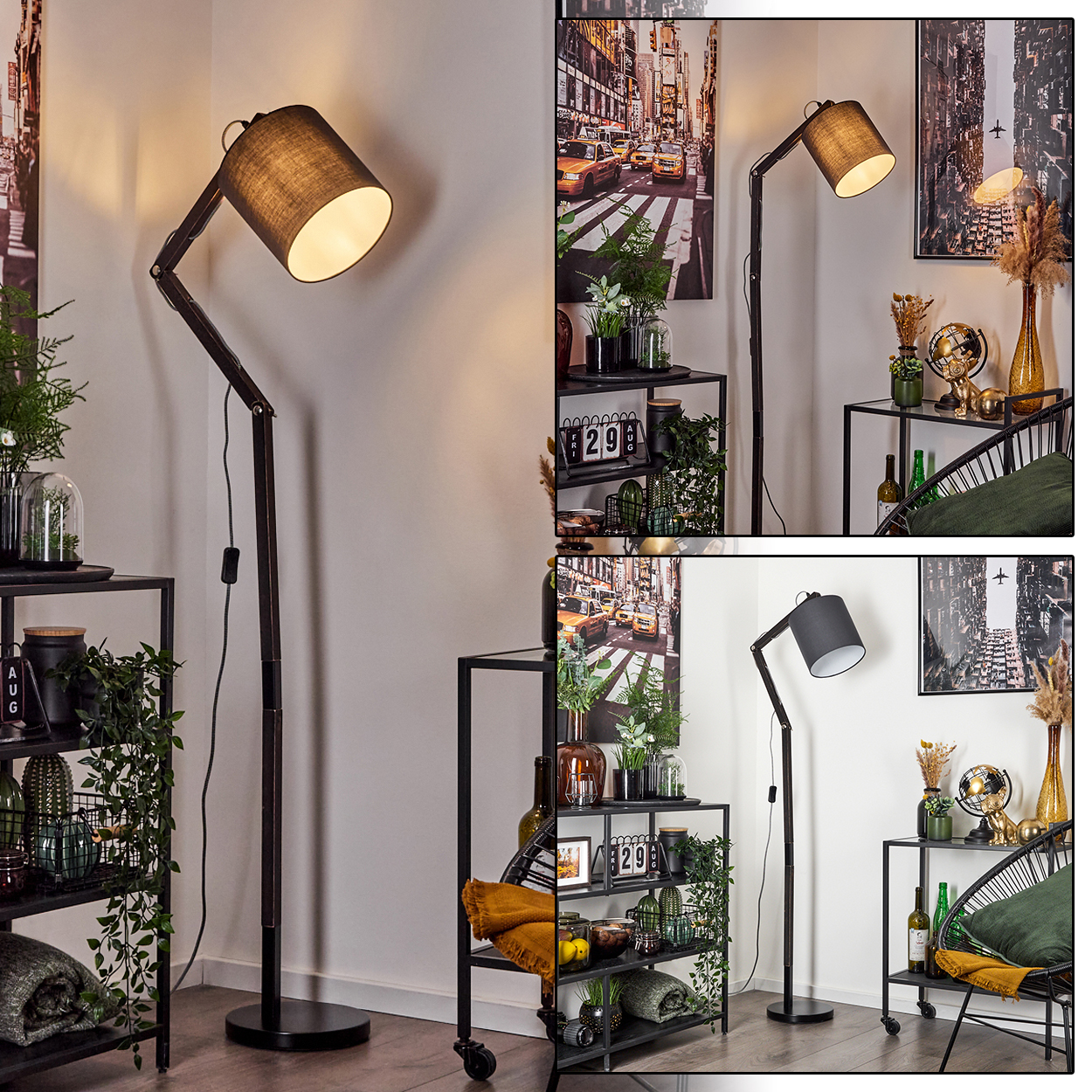 Ein Eckregal mit einem dunklen Stehlampe und New York Stadtbild-Kunst.