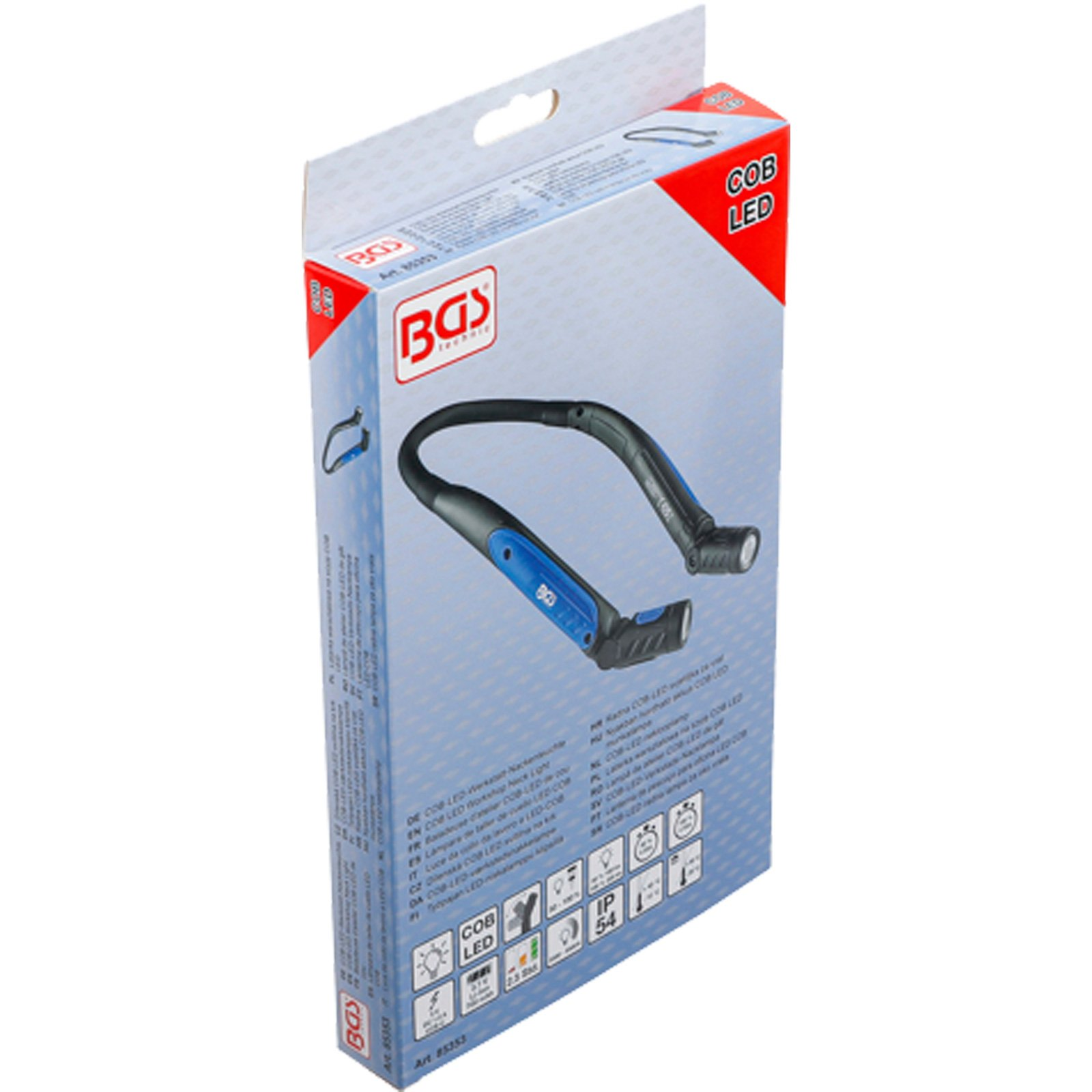 Verpackung einer BGS COB LED Arbeitsleuchte mit Nackenband, blaue und schwarze Akzente.