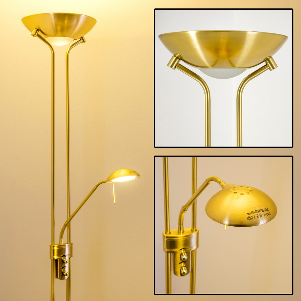 Eine goldene Stehleuchte mit zwei Lichtquellen und Schalter.