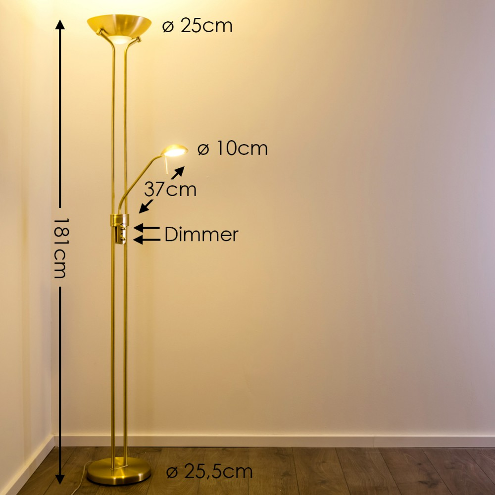 Ein goldener Stehleuchten mit Dimmer, 181cm hoch.