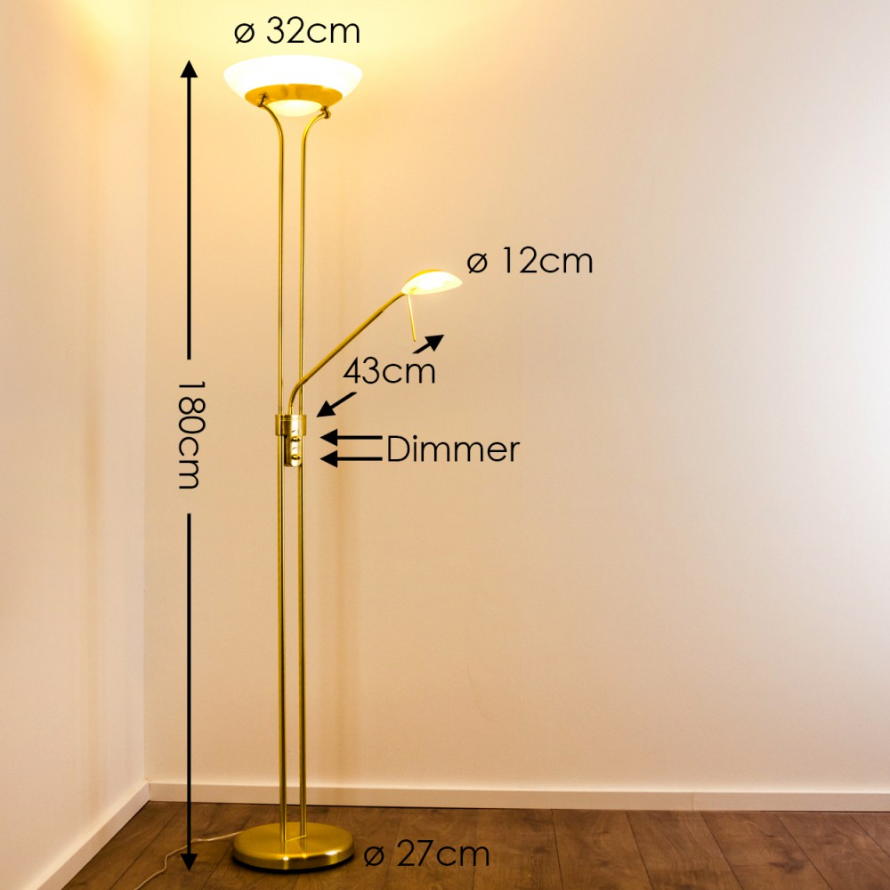 Goldene Stehlampe, 180cm hoch, mit zwei Lichtern und Dimmer.