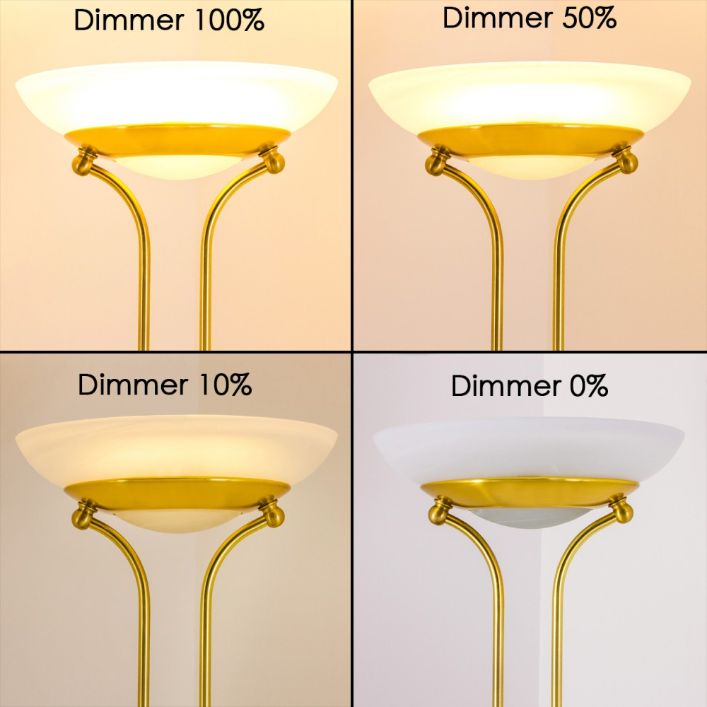 Vier Bilder eines Lampenschirms bei unterschiedlicher Helligkeit: 100%, 50%, 10%, 0%.