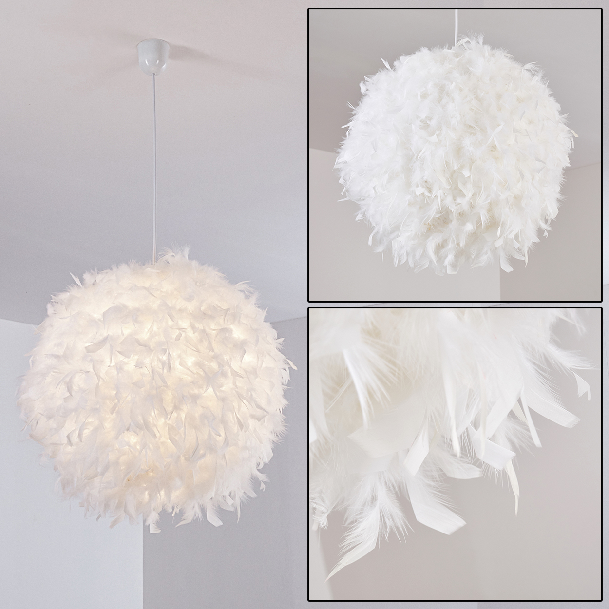 Eine kugelförmige weiße Federlampe hängt von der Decke, beleuchtet von innen.
