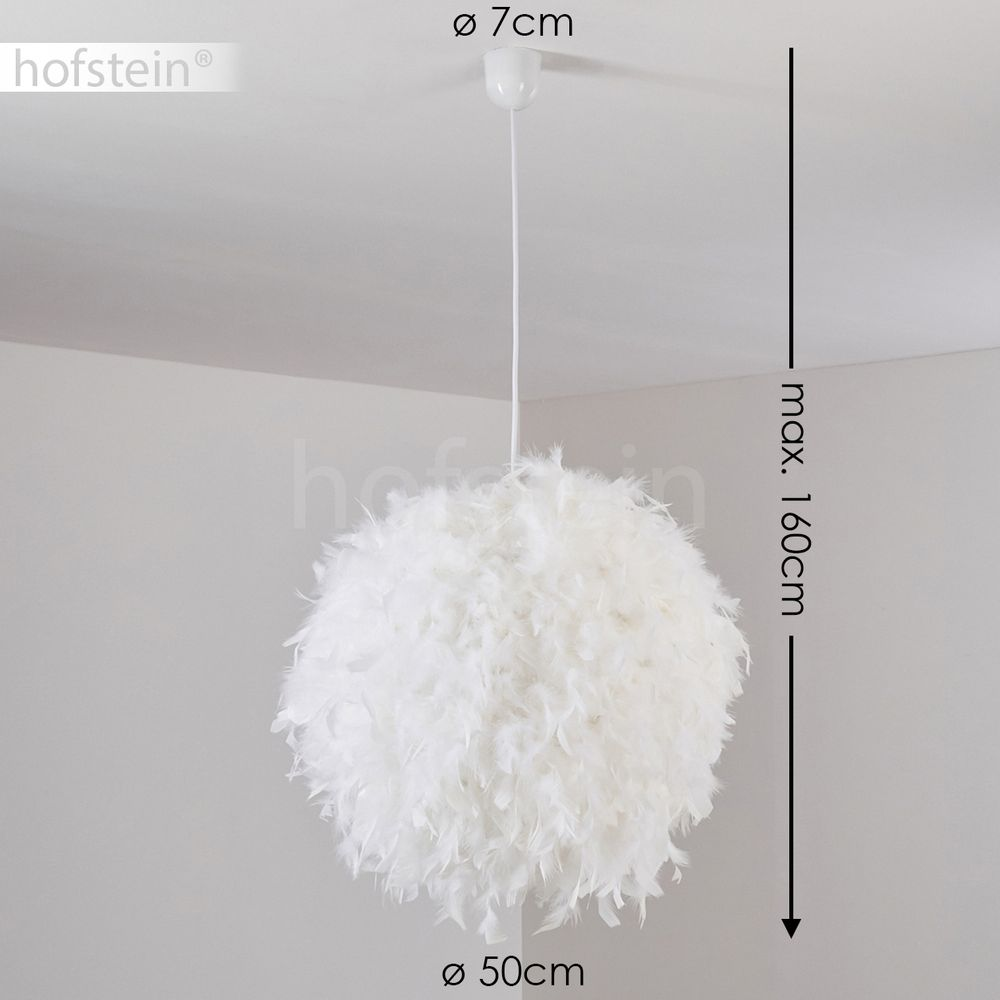 Weiße Federlampe mit 50cm Durchmesser, max. Höhe 160cm.