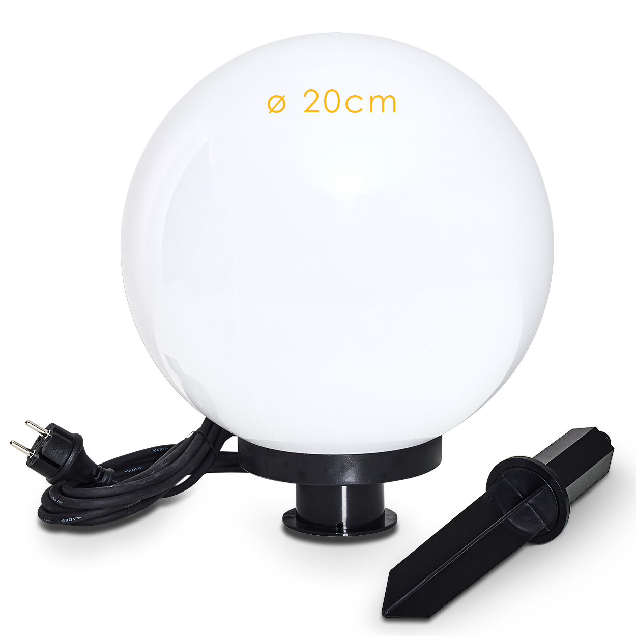 Eine weiße Kugel-Lampe mit 20 cm Durchmesser, schwarzem Sockel, Kabel und Erdspieß.