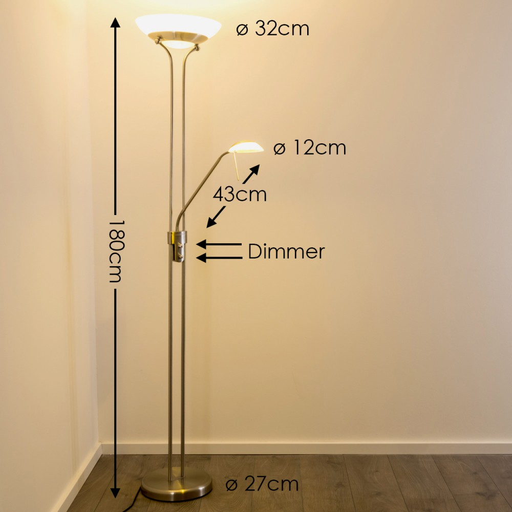 Eine hohe Stehleuchte mit Dimmer, 180cm hoch, 32cm Hauptschirm, 12cm Leselicht.