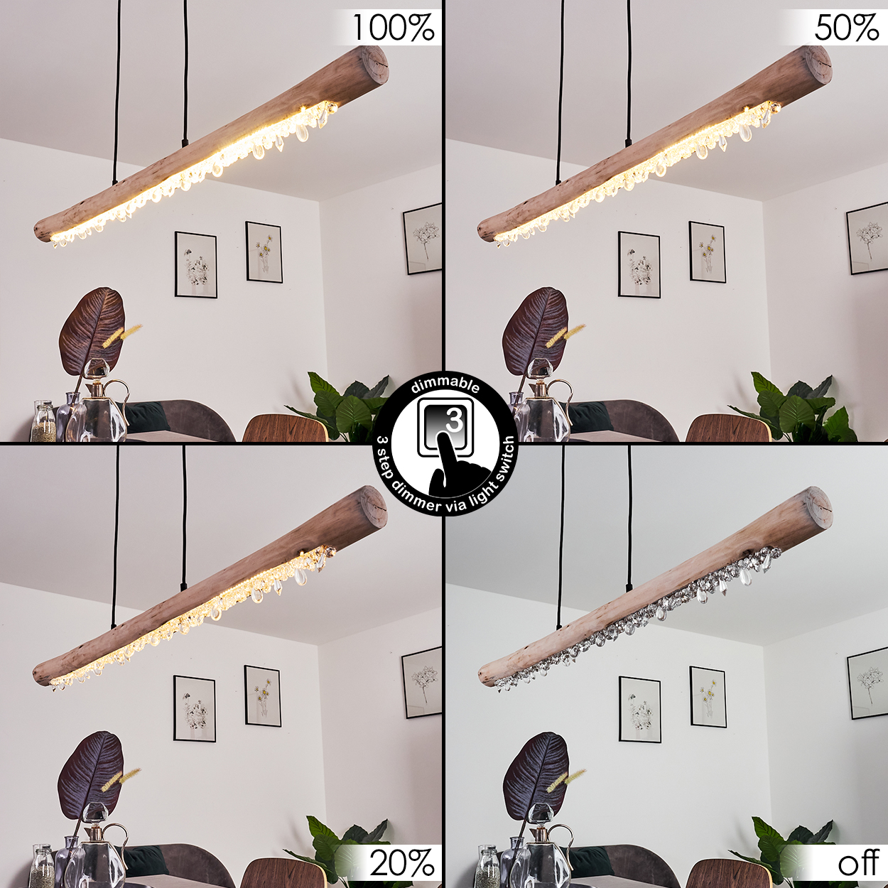 Holzpendelleuchte mit Kristallen, dimmbar in 4 Stufen.