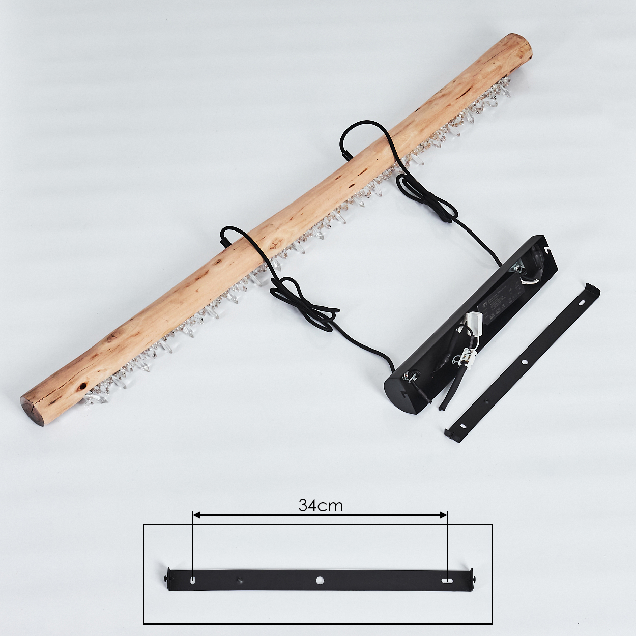 Holzstange mit Kristallen, schwarzer Lampenfu und Halterung. Ma 34cm.