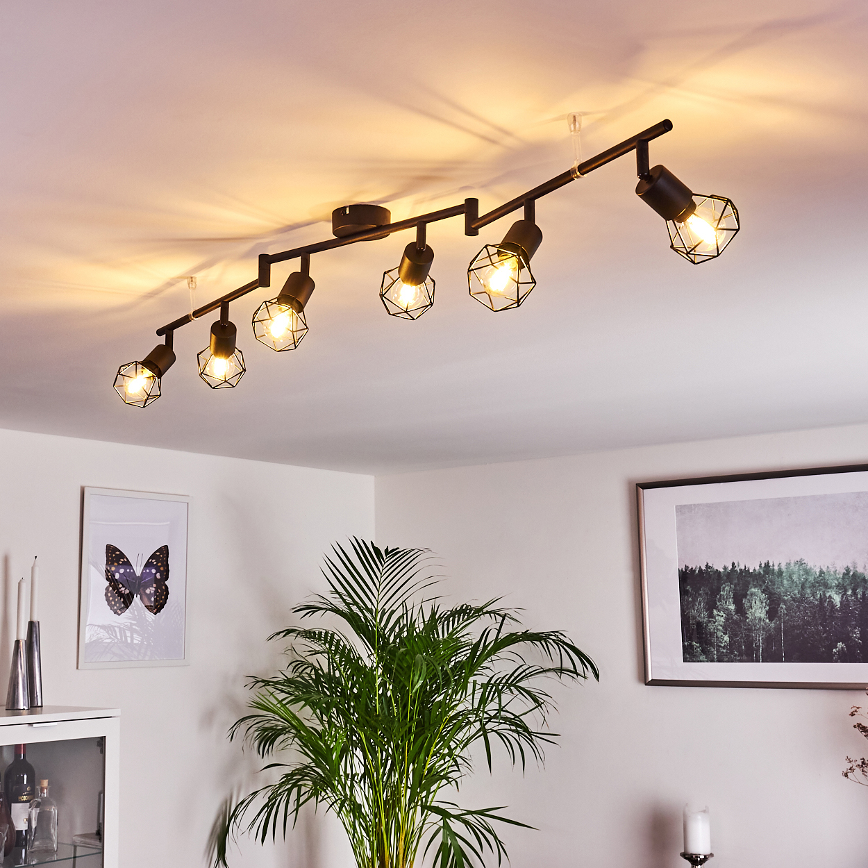 Schwarzer Deckenstrahler mit sechs Lampen und geometrischen Käfigen.