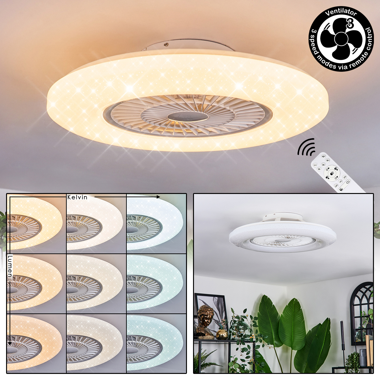 Deckenleuchte mit Ventilator und Fernbedienung, verschiedene Lichtfarben.