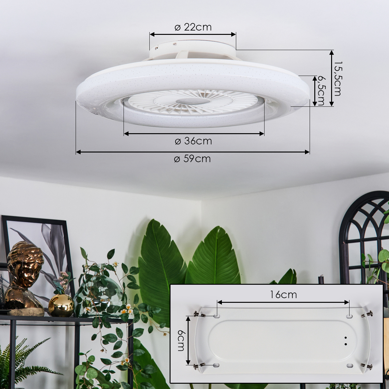 Weiße Deckenleuchte mit Ventilator, Maße angegeben.