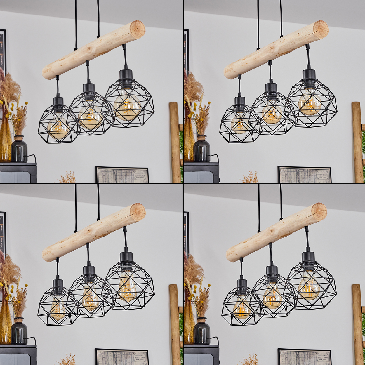 Hängelampe mit Holzstamm und drei schwarzen Drahtkäfig-Lampenschirmen.