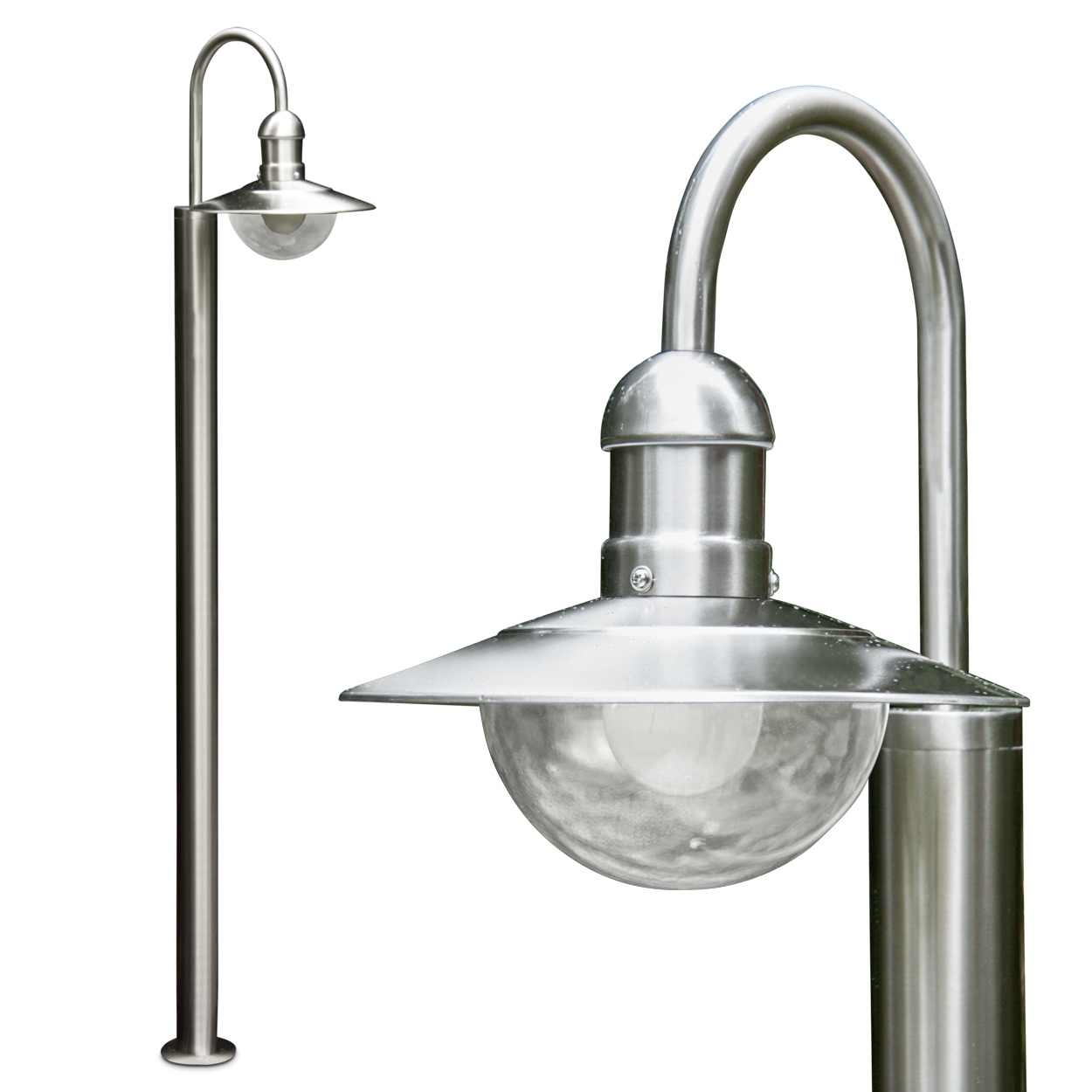Eine moderne Edelstahl-Gartenlampe mit gebogenem Arm und Glaskuppel.