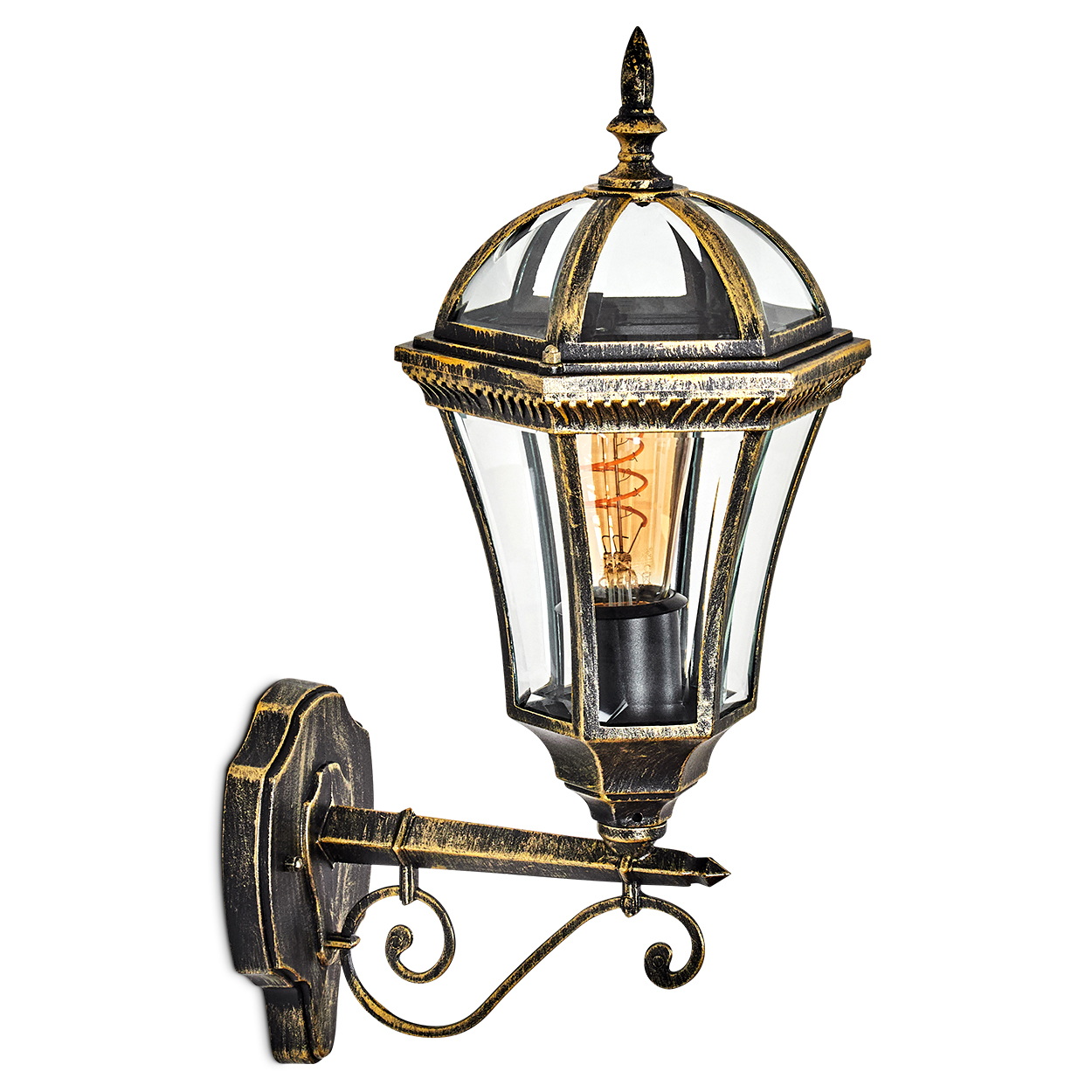 Eine goldene Wandlaterne mit Glaskuppel und Glühbirne.