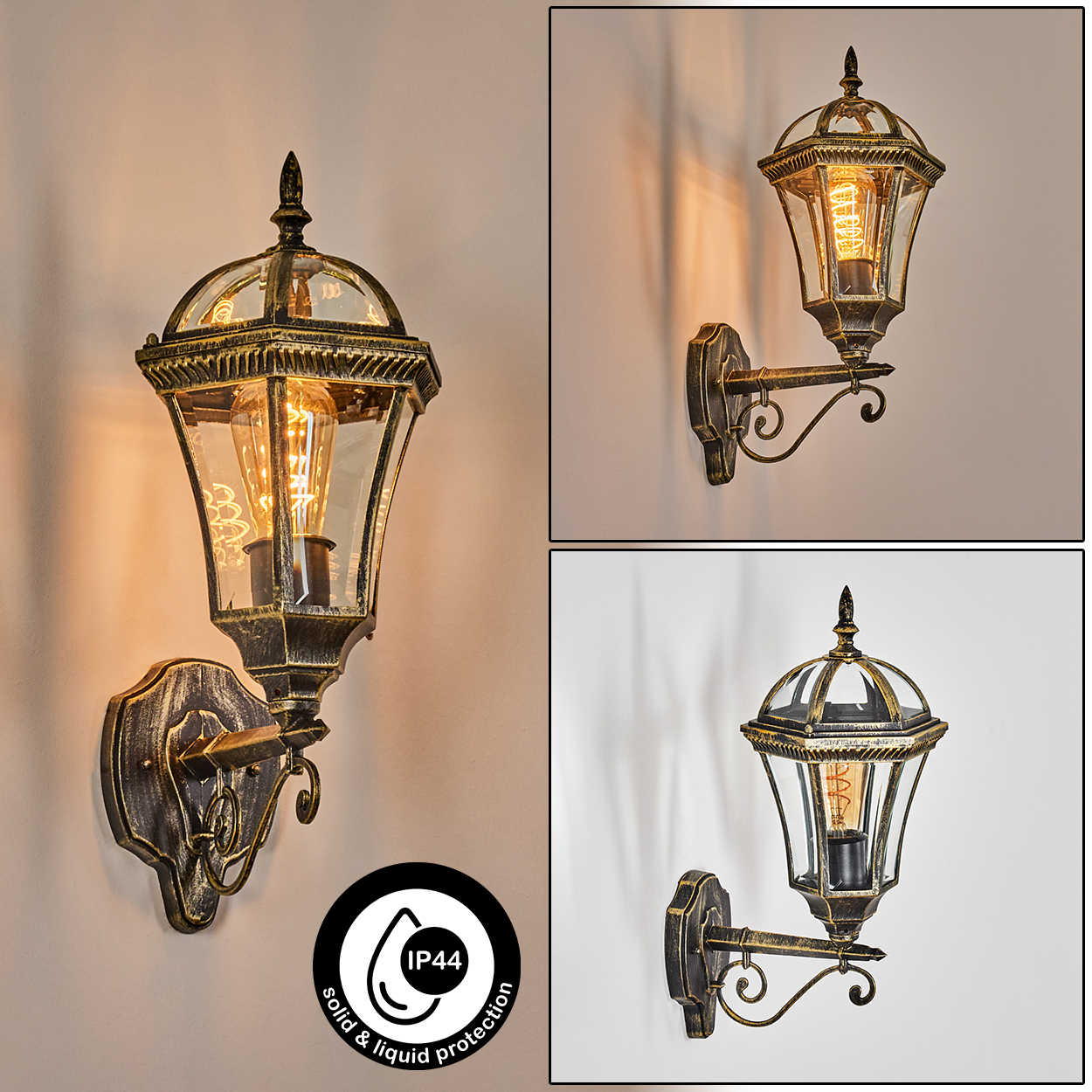 Eine goldene Wandlaterne mit Glas und Glühbirne, IP44-Schutz.