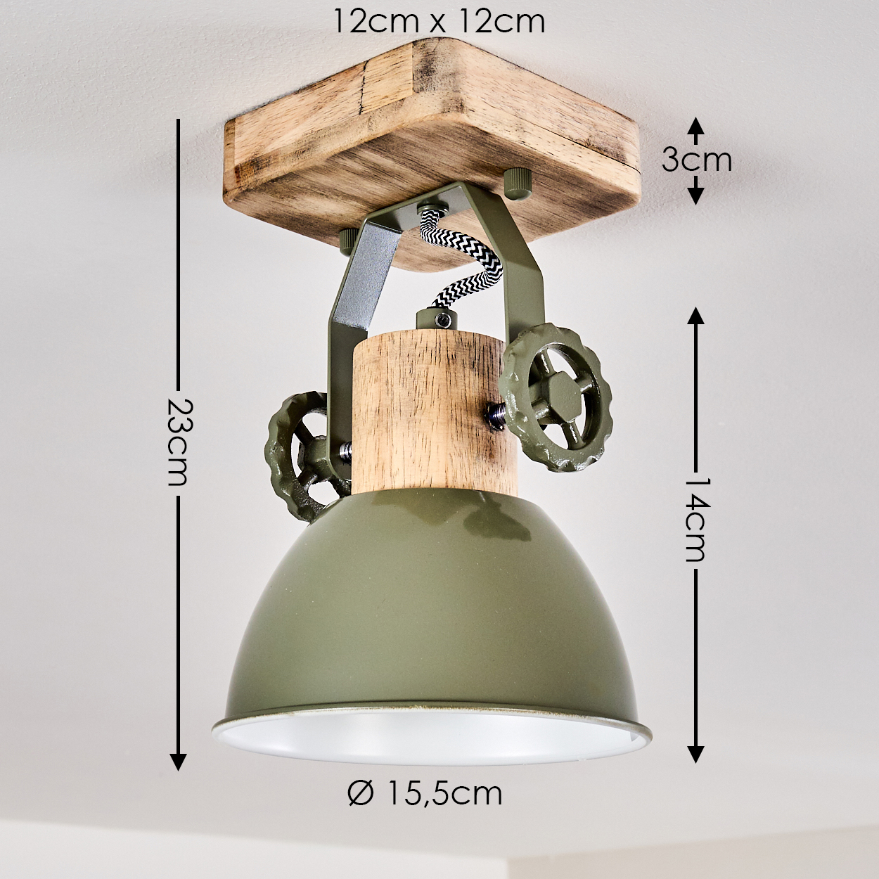Deckenleuchte mit Holzbasis, Metallschirmen und Raddetails. Maße angegeben.