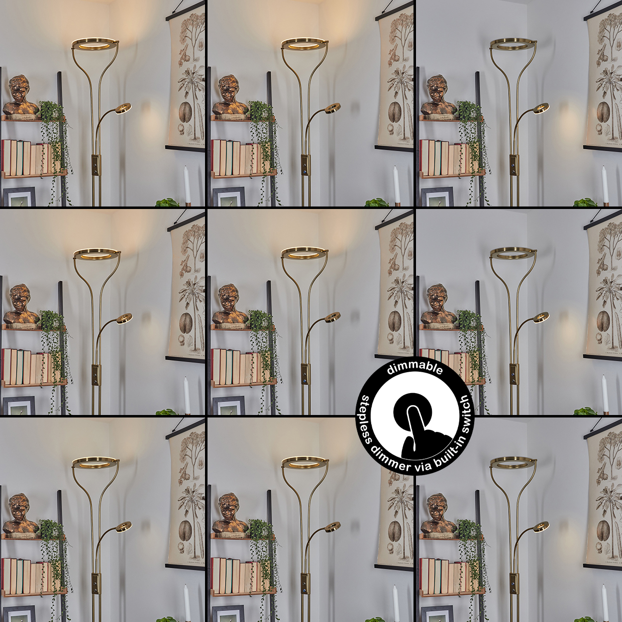 Eine Stehlampe mit zwei Lichtquellen und einem Regal mit Büchern und einer Büste.