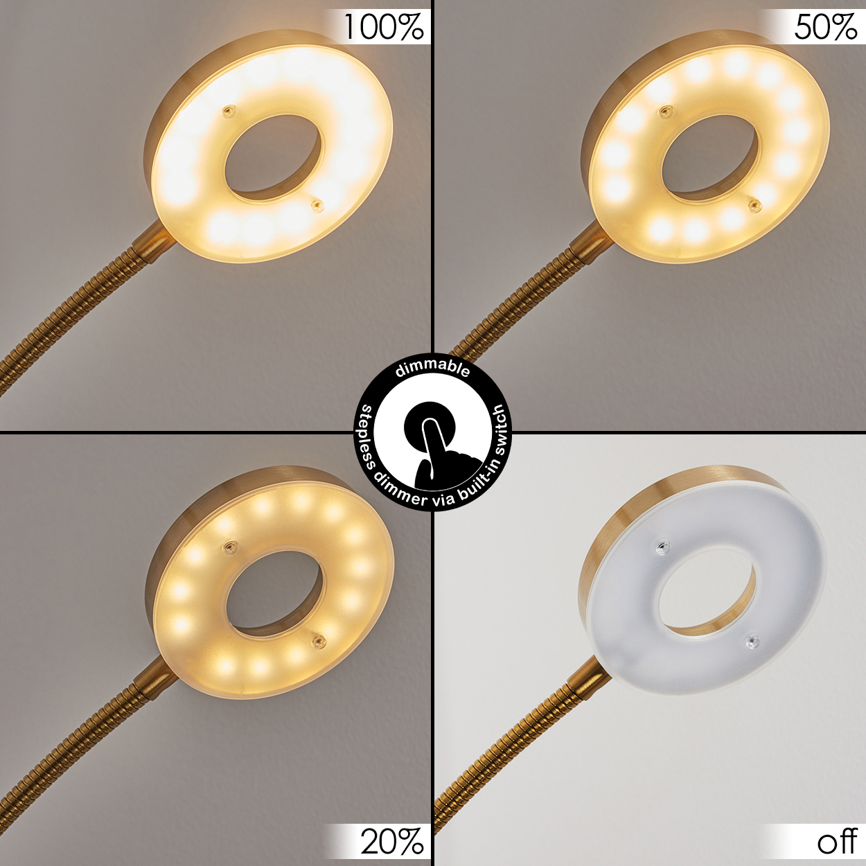 Vier Ansichten einer Lampe: 100%, 50%, 20% Helligkeit und Aus.