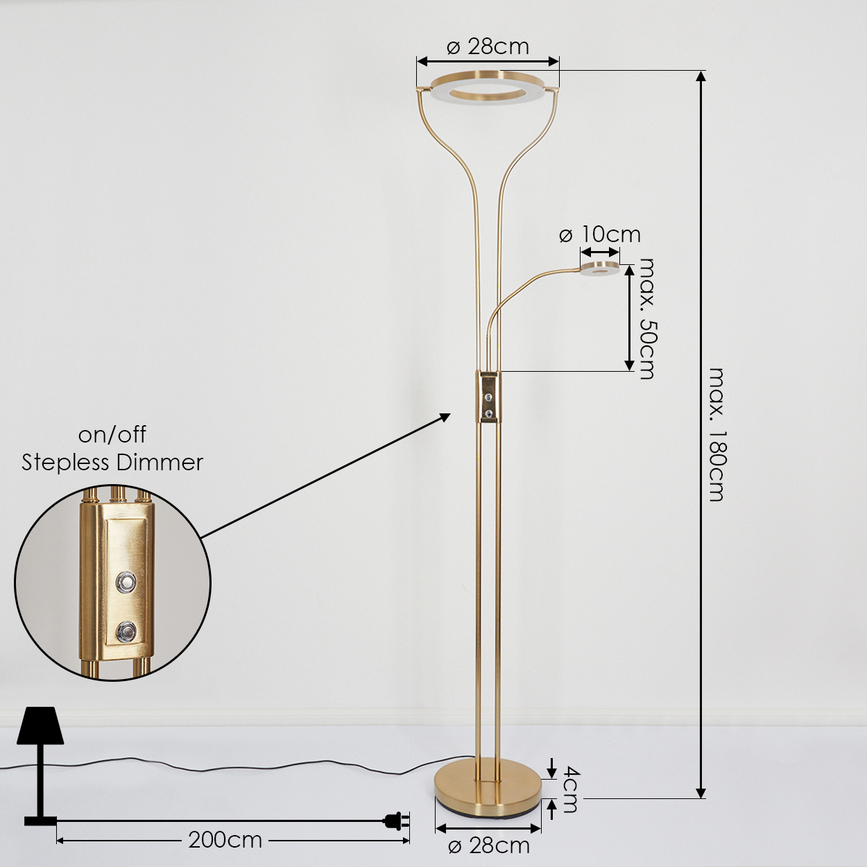 Goldfarbene Stehlampe mit zwei Lichtern, Maße angegeben.