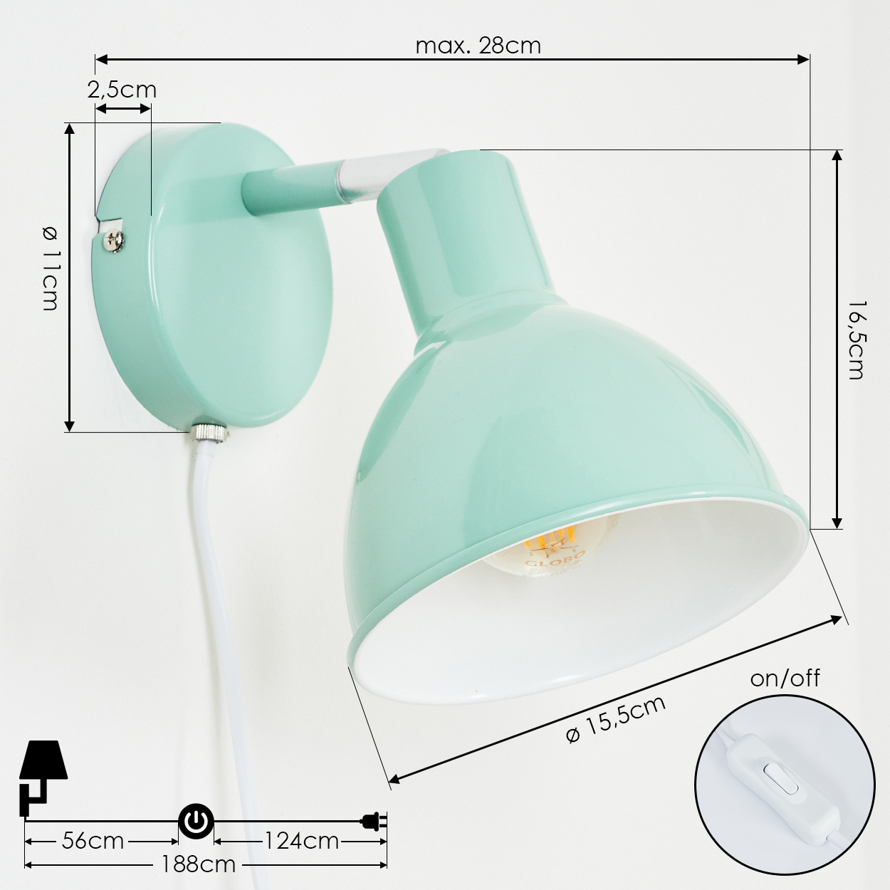 Eine mintgrüne Wandlampe mit Messungen: maximal 28cm, Schirmdurchmesser 15,5cm.