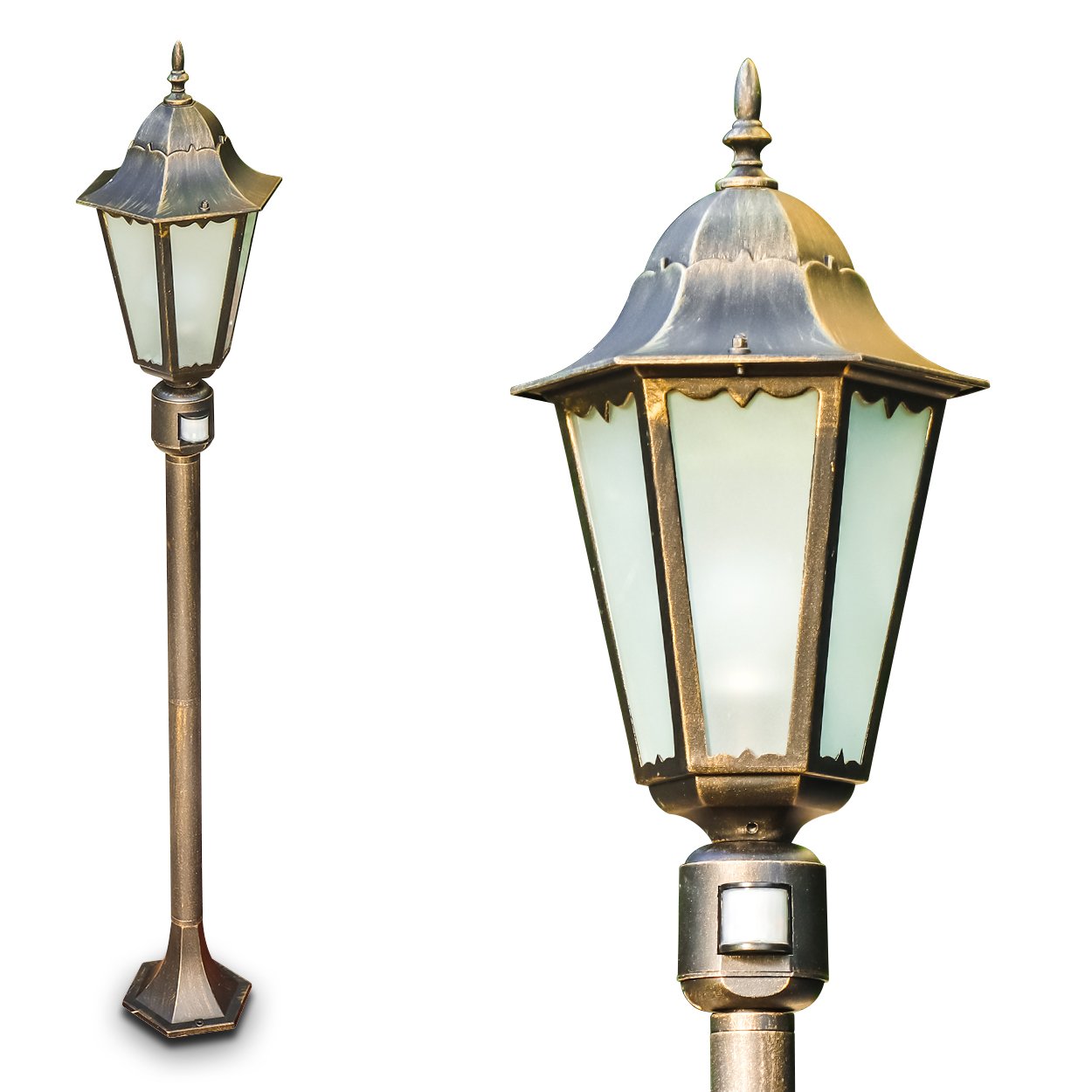 Eine stehende Lampe mit einem sechseckigen Sockel und einem Laternenkopf.