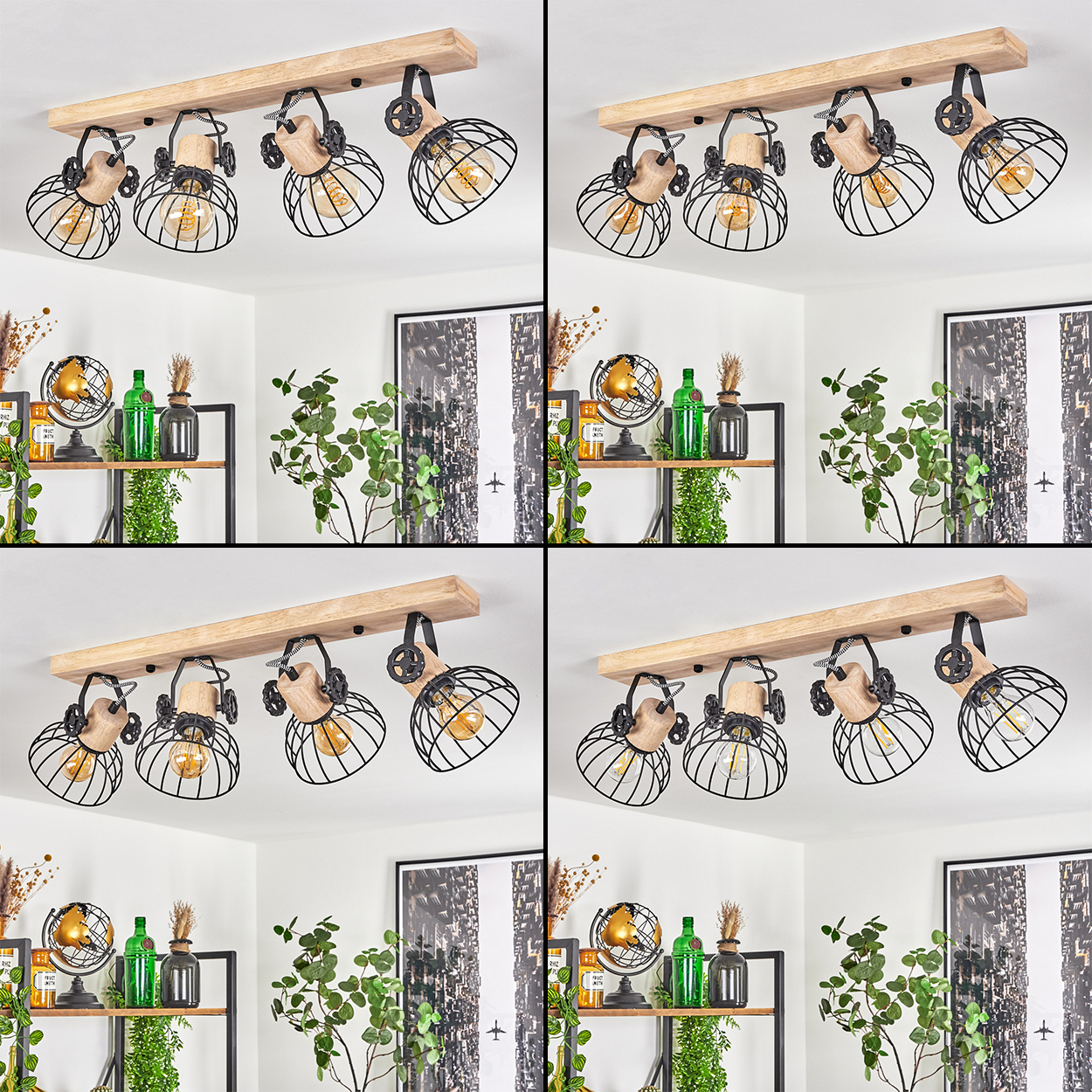 Holzdeckenleuchte mit vier Lampenschirmen aus schwarzem Draht und Holzdetails.
