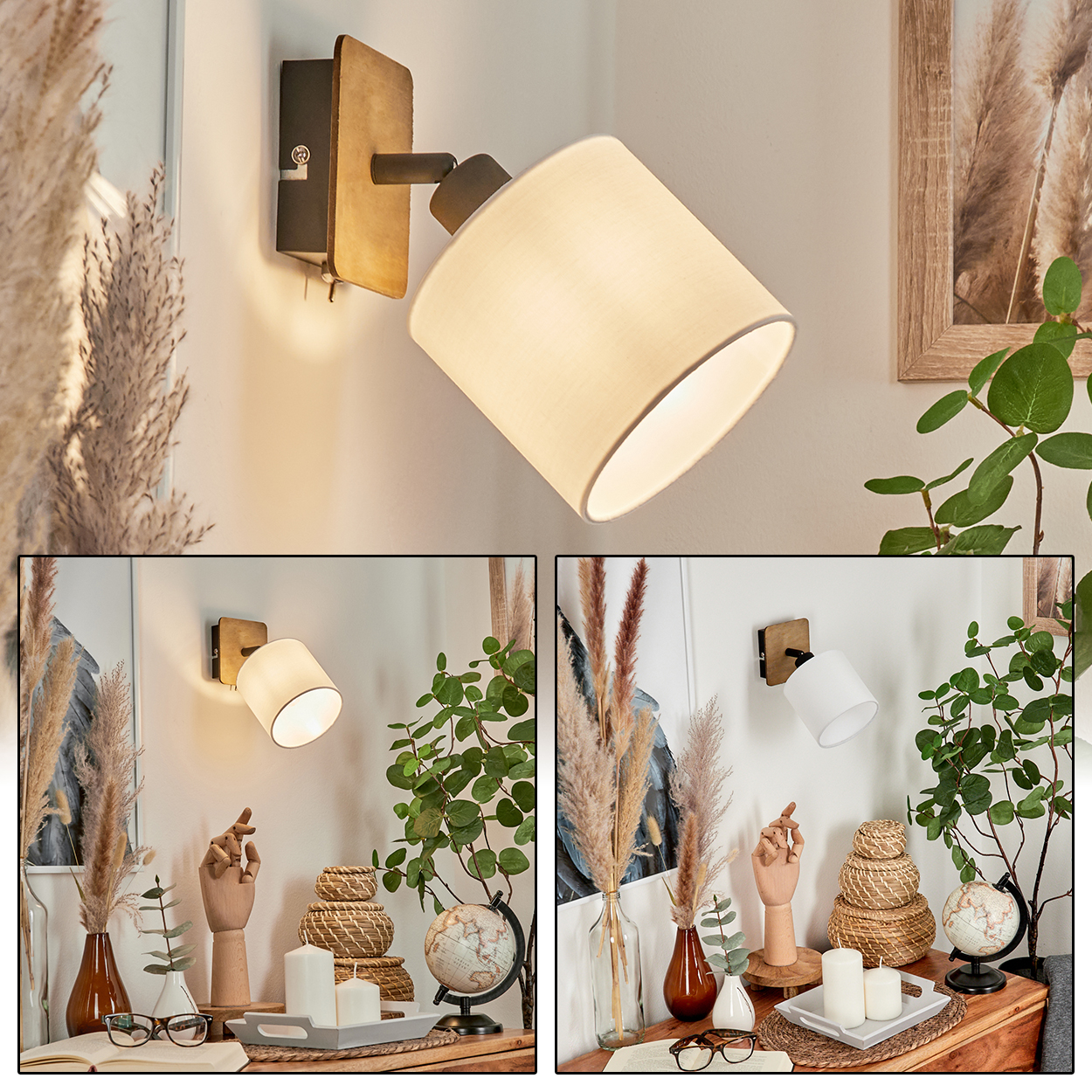 Ein moderner Wandspot mit Holzdetail und Stoffschirm leuchtet.