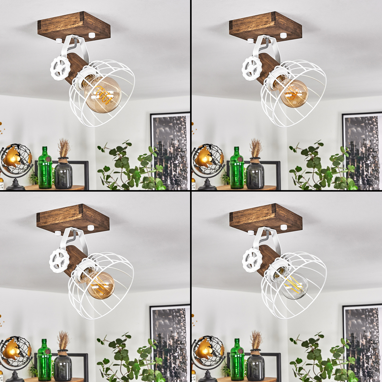 Eine Pendelleuchte mit Holzsockel, weißem Drahtschirm und Glühbirne.