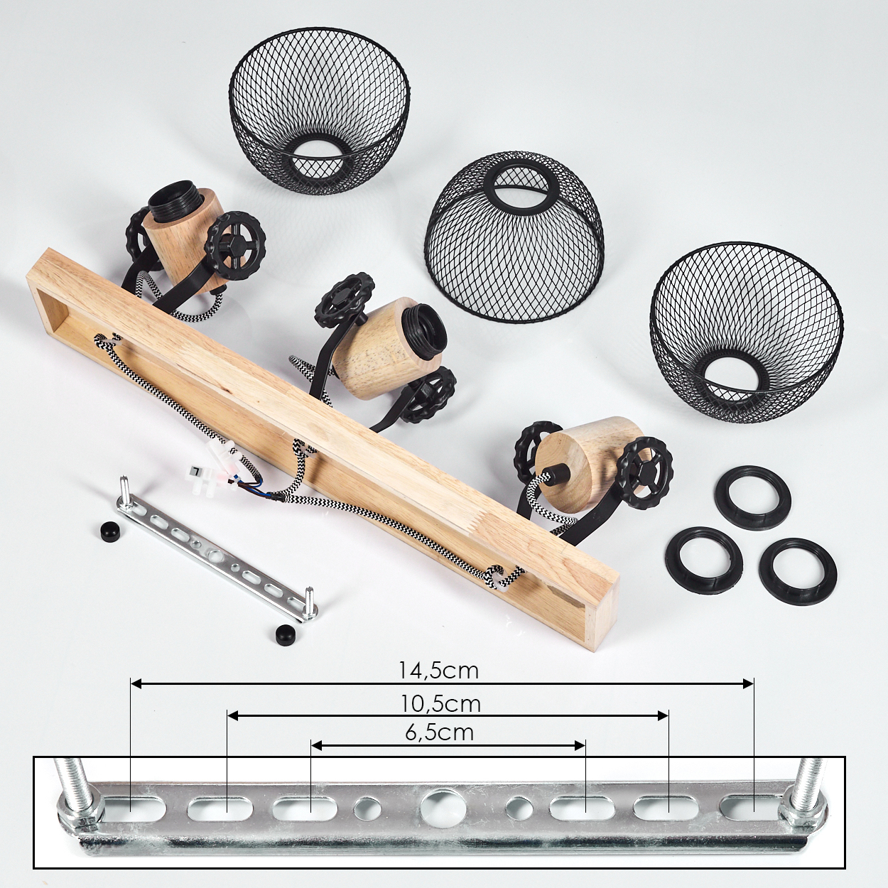 Lampenbauteile: Holzsockel, Metallschirme, Montagezubehör und Maße.