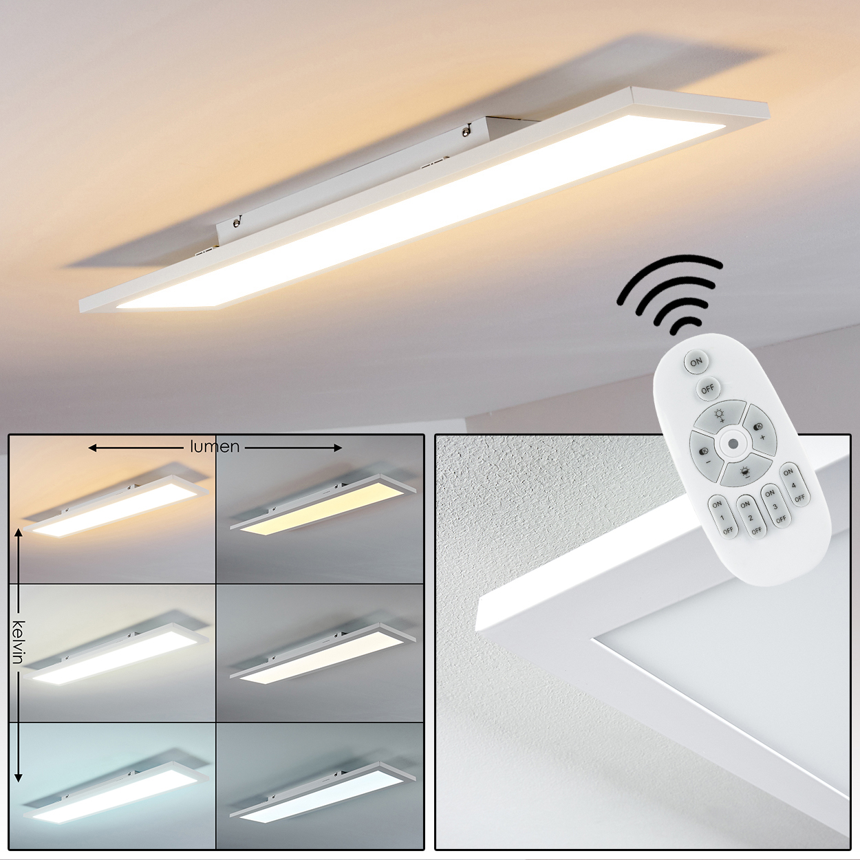 Eine weiße Deckenleuchte mit Fernbedienung und verschiedenen Lichtmodi.