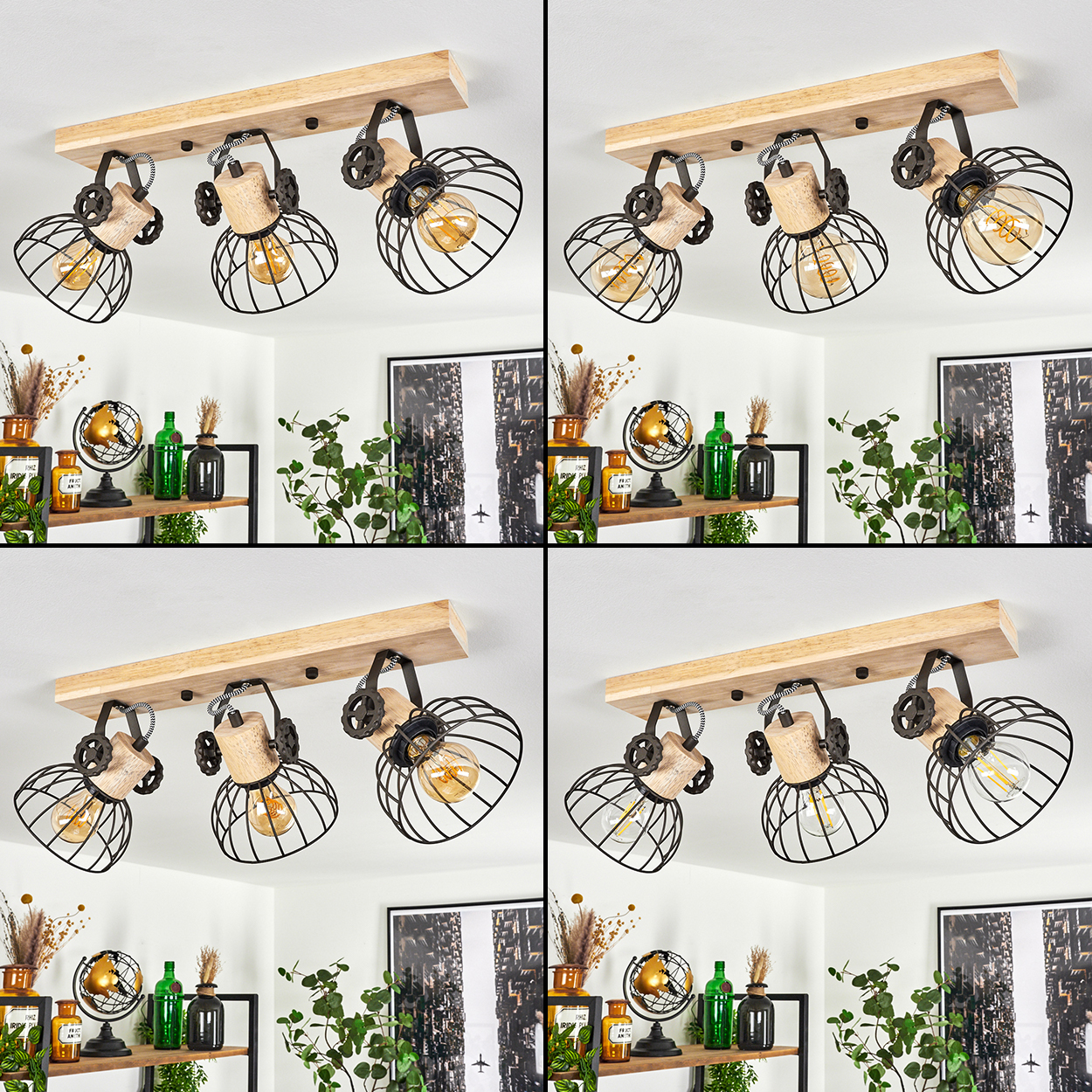 Holzdeckenleuchte mit drei schwarzen Lampenschirmen im Käfigdesign und Edison-Glühbirnen.