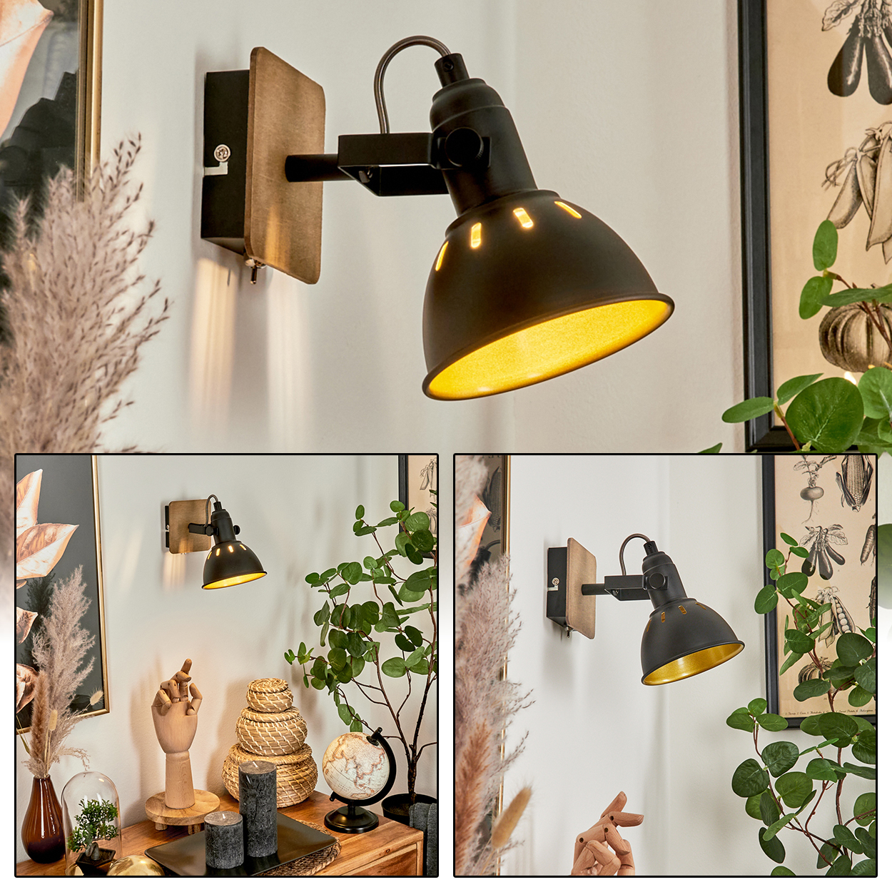 Schwarzer Wandspot mit Holzplatte, goldfarbenem Reflektor.