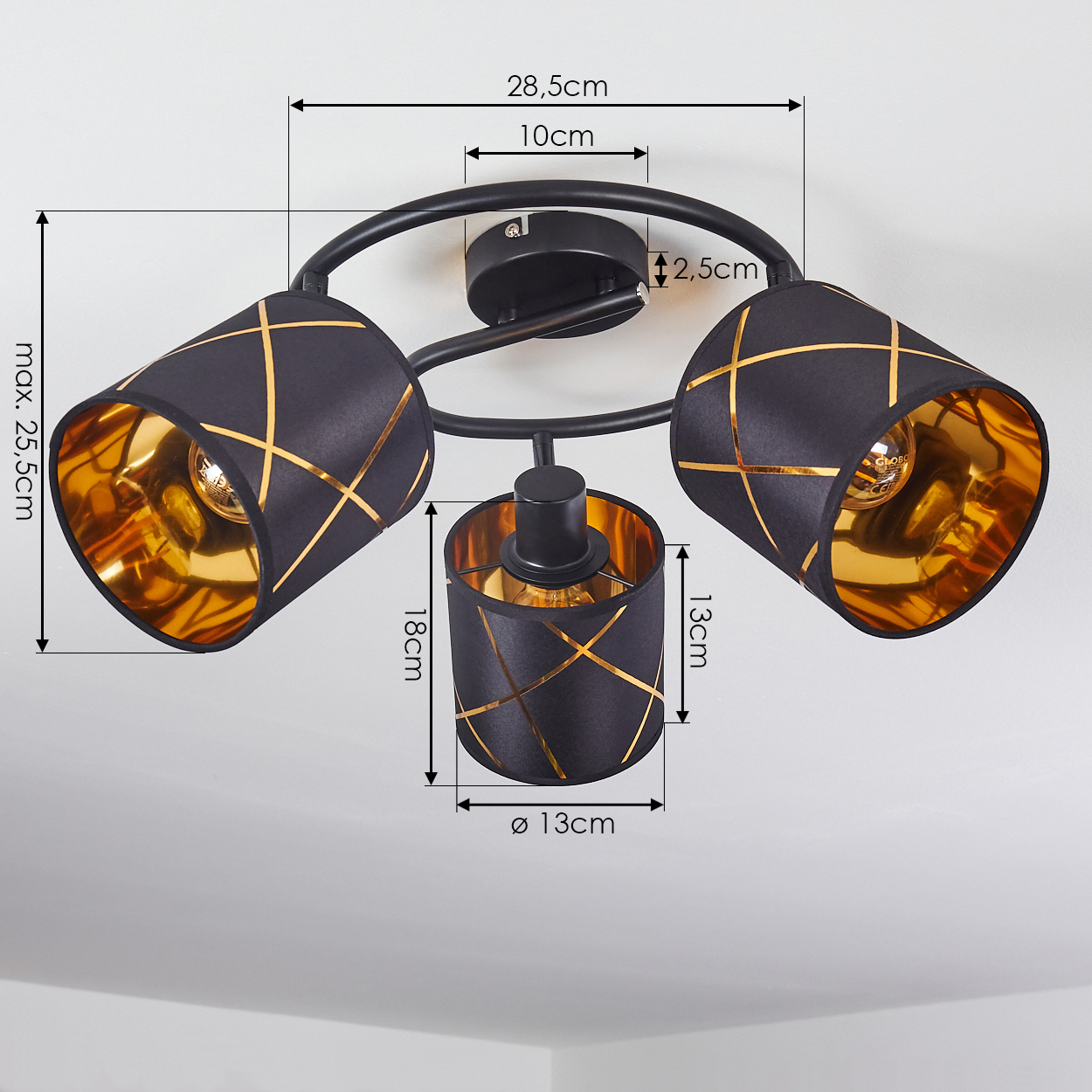 Schwarzer Deckenstrahler mit goldenen Gittern, Maße sind angegeben.
