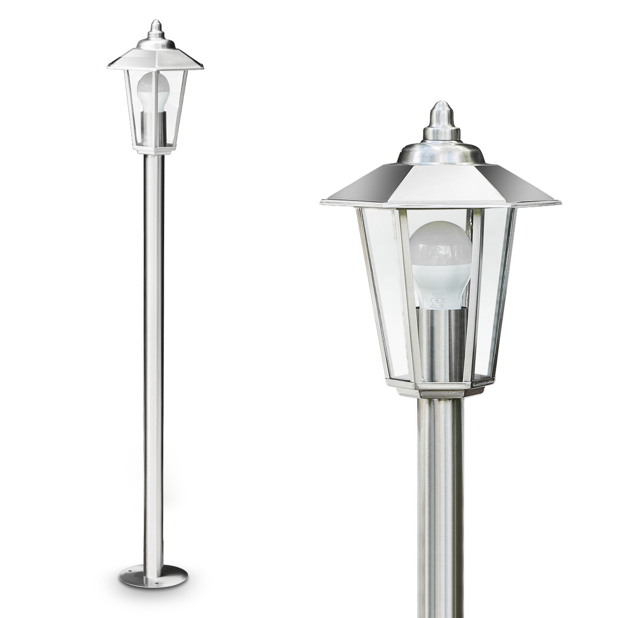 Eine moderne Edelstahl-Gartenlaterne mit Glas und LED-Birne.