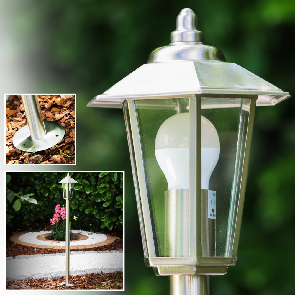 Edelstahl-Gartenleuchte mit Glas und LED-Birne im Detail.