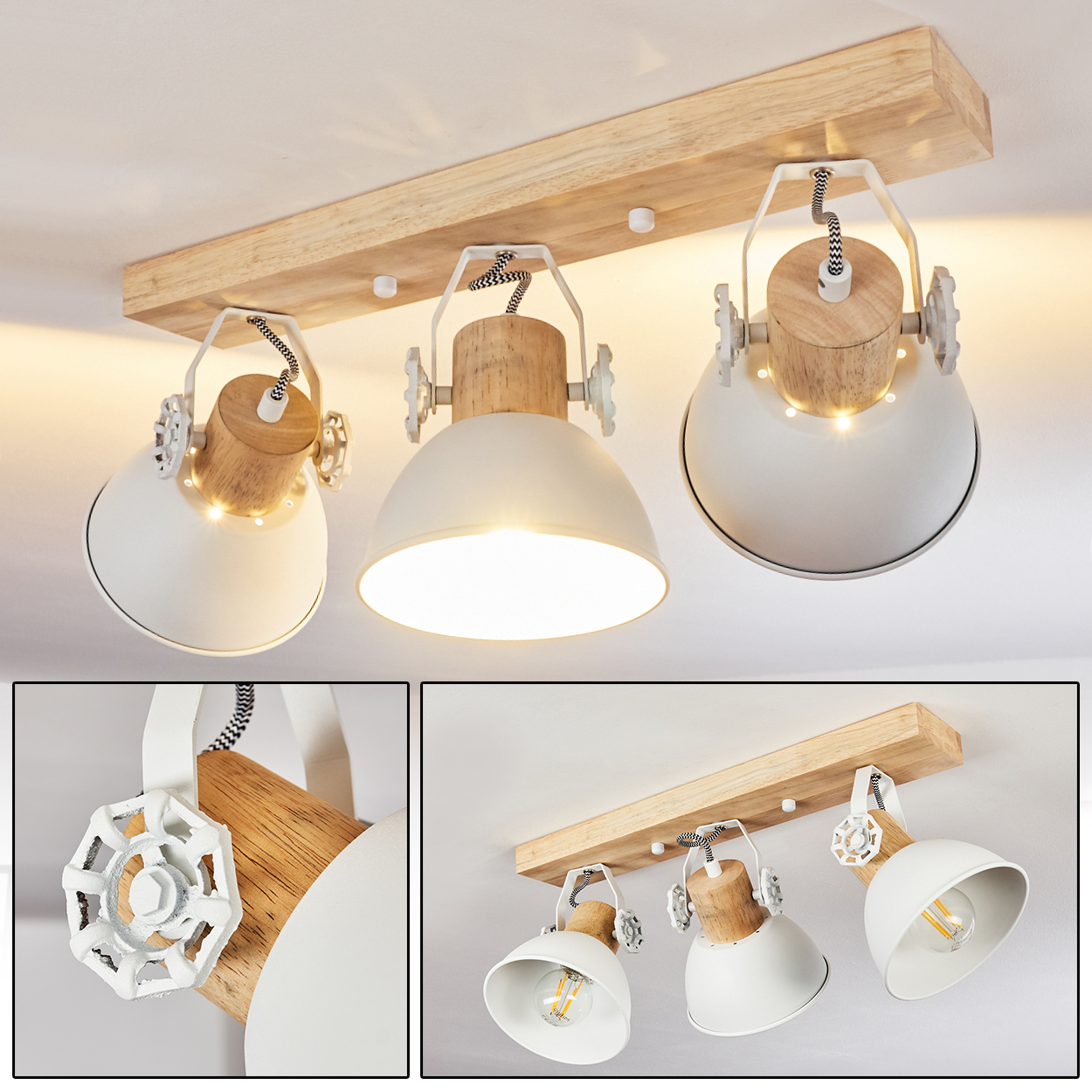 Holz-Deckenleuchte mit drei weißen Schirmen und verstellbaren Gelenken.