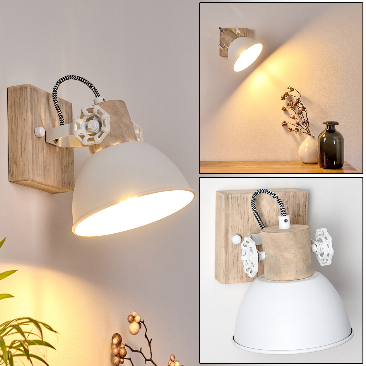 Eine weiße Wandleuchte mit Holzelementen und einem verstellbaren Lampenschirm.