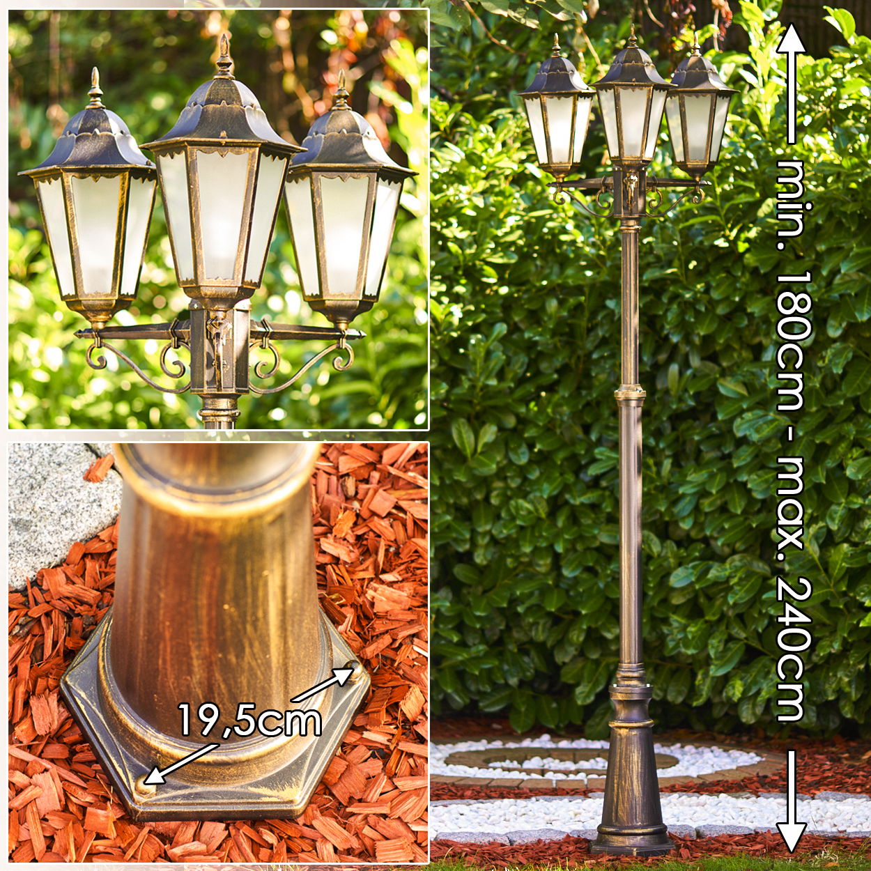 Eine antike Stehlampe mit drei Lampenköpfen, goldfarben, vor einem grünen Busch.