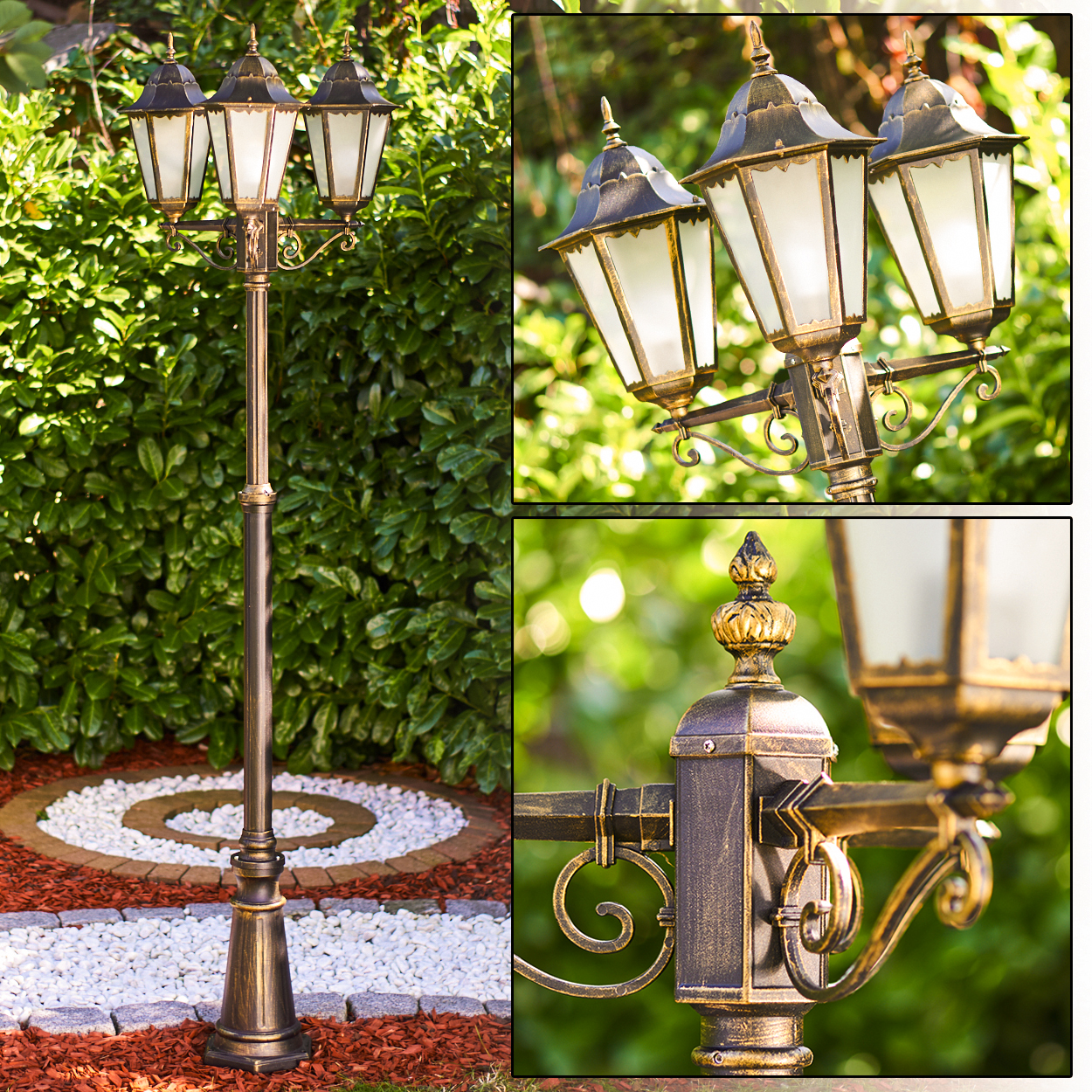 Eine bronzefarbene Laterne mit drei Lichtern steht in einem Garten.