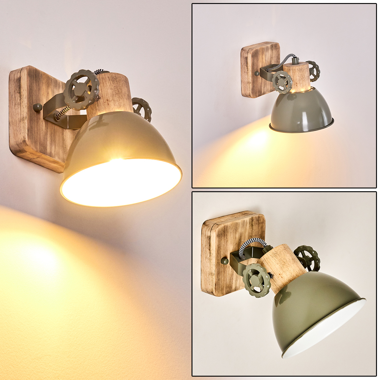 Rustikale Wandleuchte mit Holzsockel, Metallschirm und Zahnrad-Akzenten.