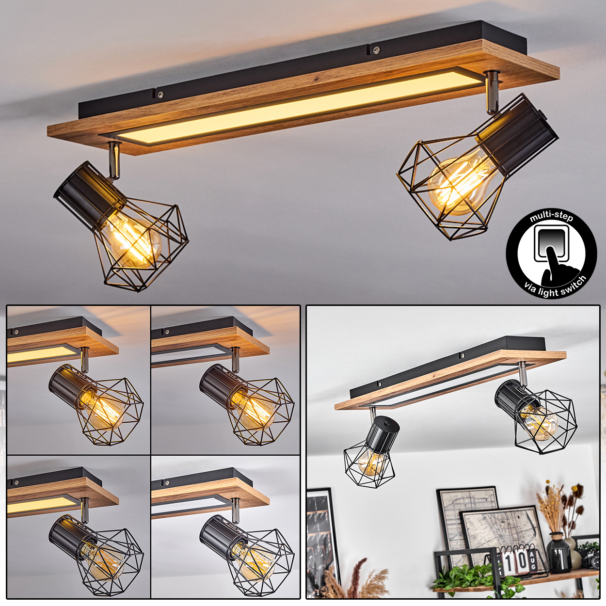 Deckenleuchte mit Holz- und schwarzem Metallrahmen, zwei Käfiglampenschirmen.