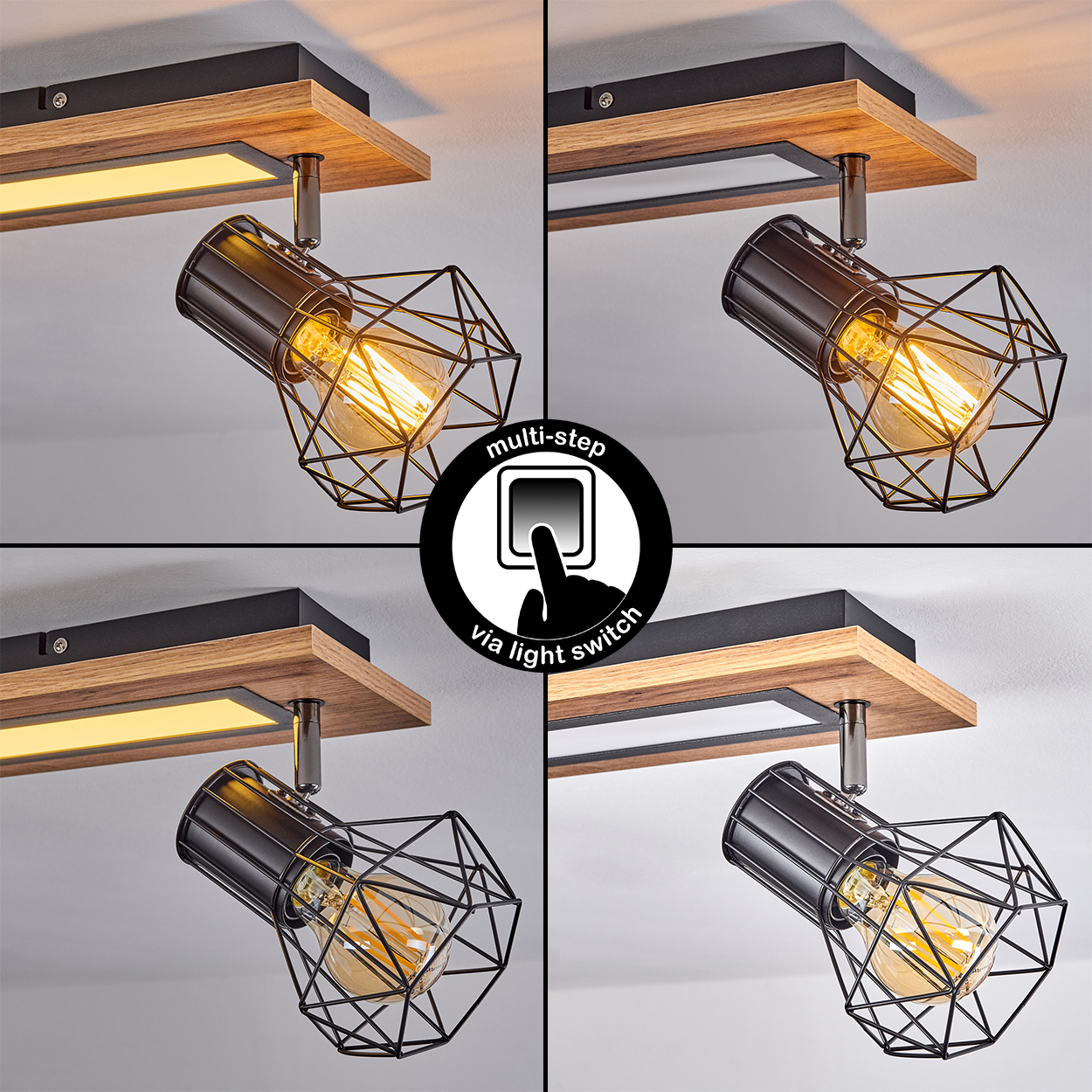Deckenleuchte mit Holzdetail, schwarzem Metallkäfig und sichtbarer Glühbirne.