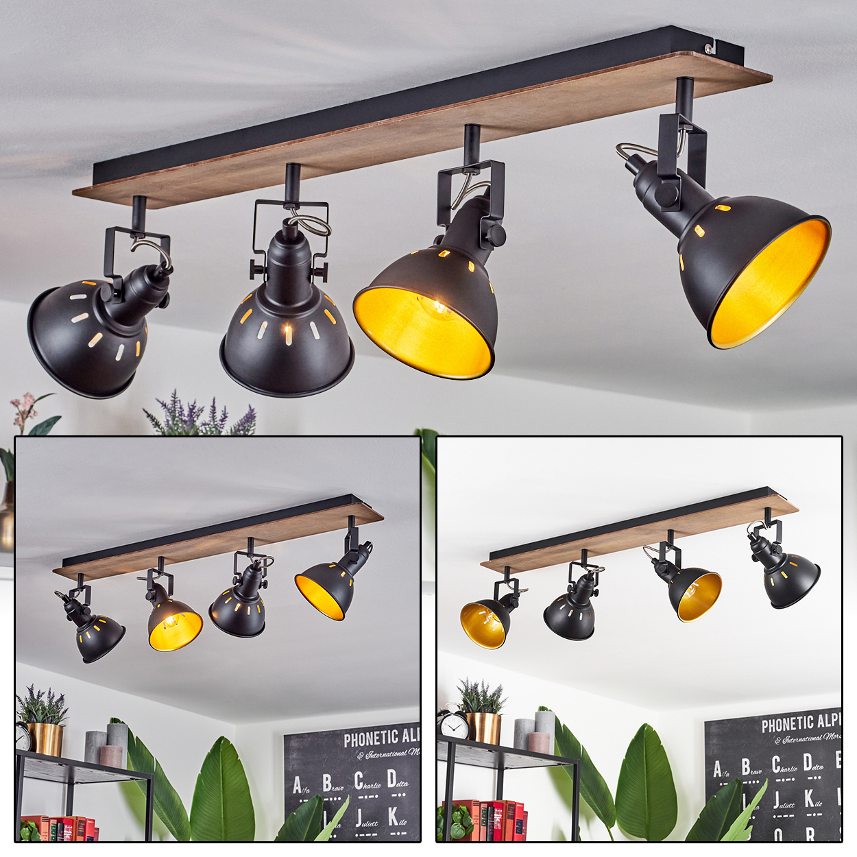 Schwarzer Deckenstrahler mit Holzbasis und vier verstellbaren Lampen.