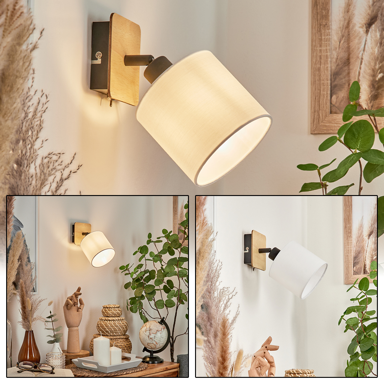 Ein moderner Wandspot mit Holzdetail, der nach unten leuchtet.