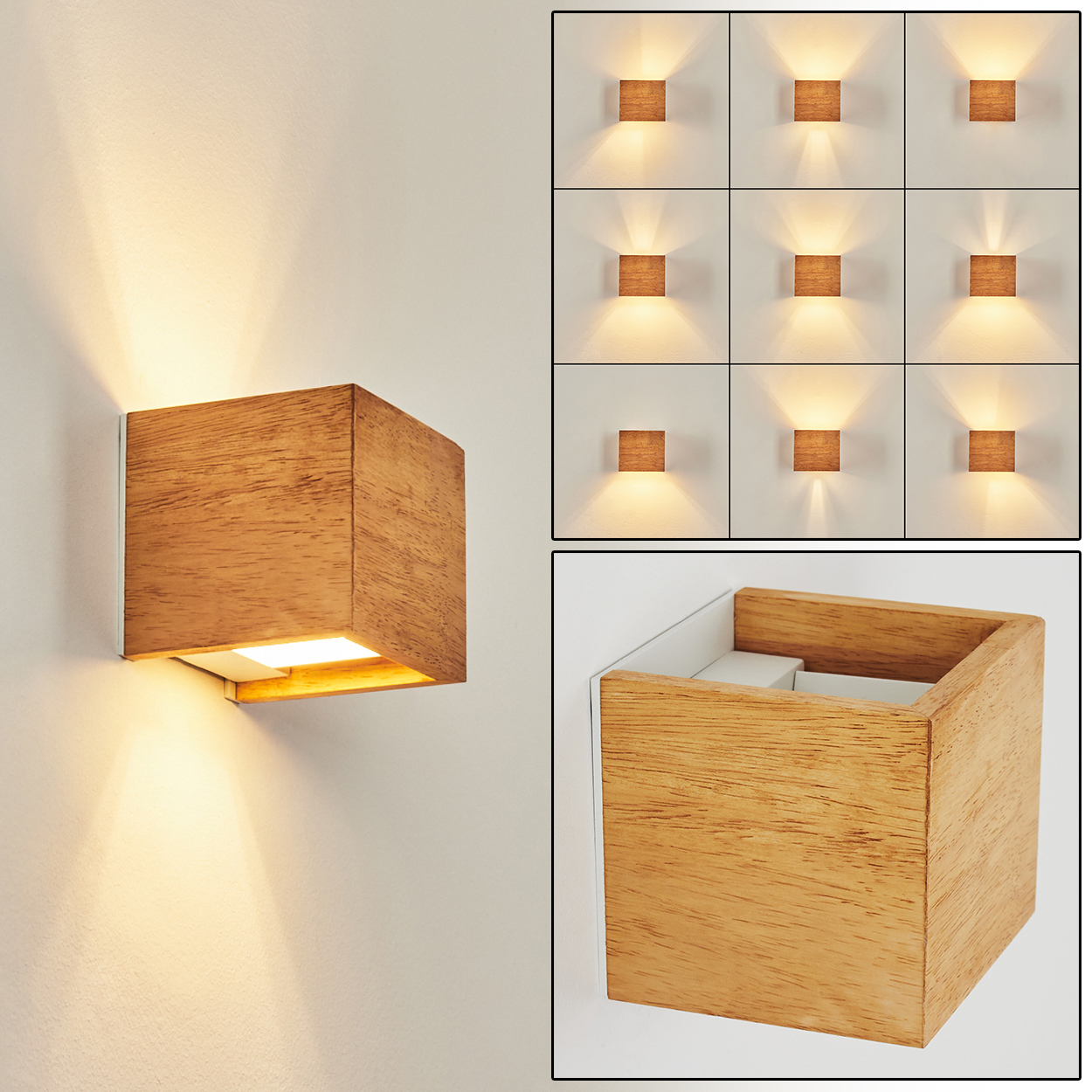 Eine würfelförmige Wandleuchte aus Holz wirft warmes Licht nach oben und unten auf eine weiße Wand, mit neun kleineren Einsätzen.