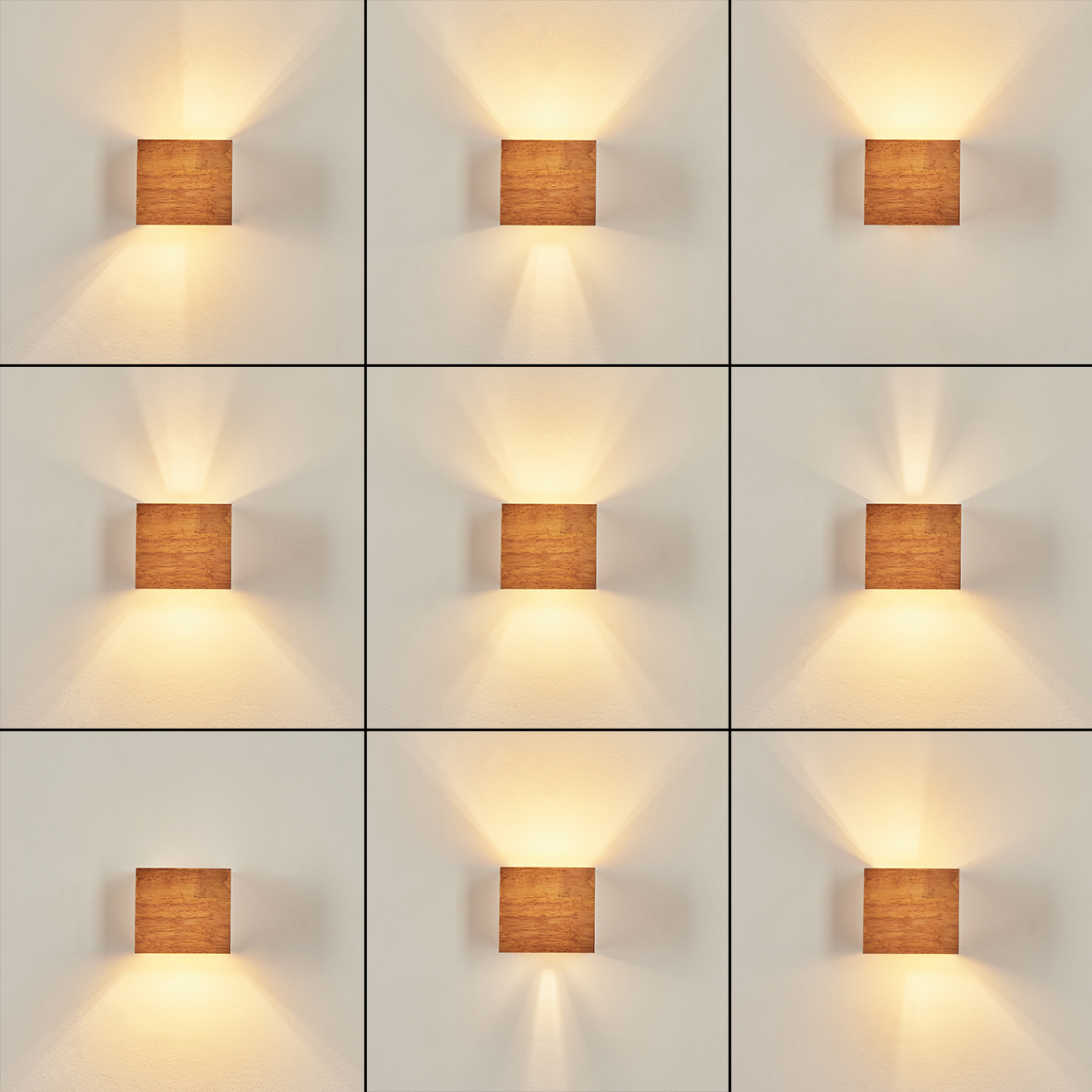 Holz-Wandleuchte mit Lichtstrahlen nach oben und unten.