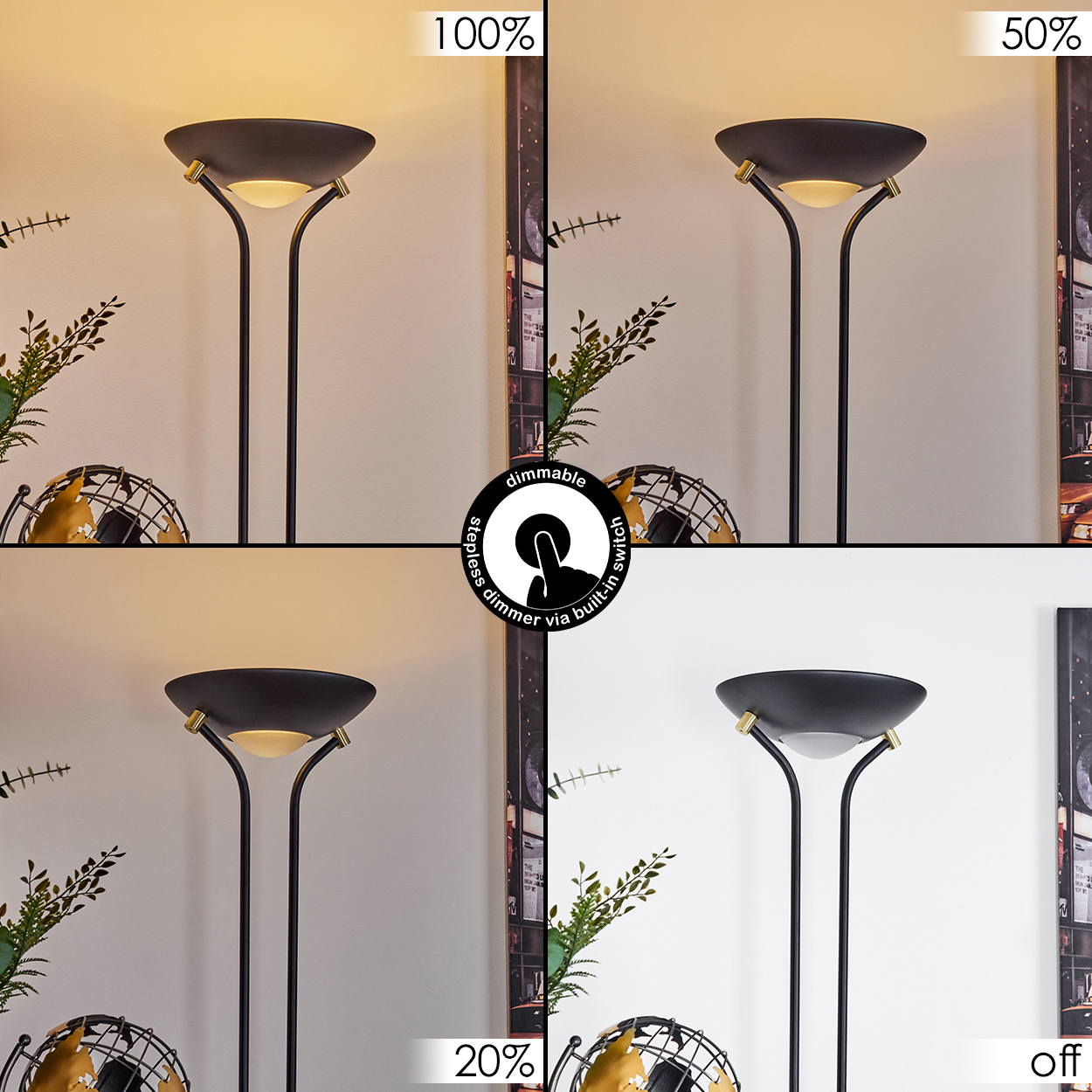 Ein Stehlampe mit verstellbarer Helligkeit: 100%, 50%, 20% und Aus.